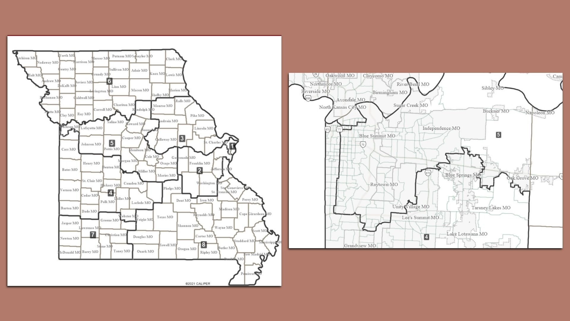 Two black and white maps of Missouri counties; left map shows all counties with bold black outlines highlighting regions labeled 1 to 8; right map zooms in on Kansas City area with detailed county divisions and labels.