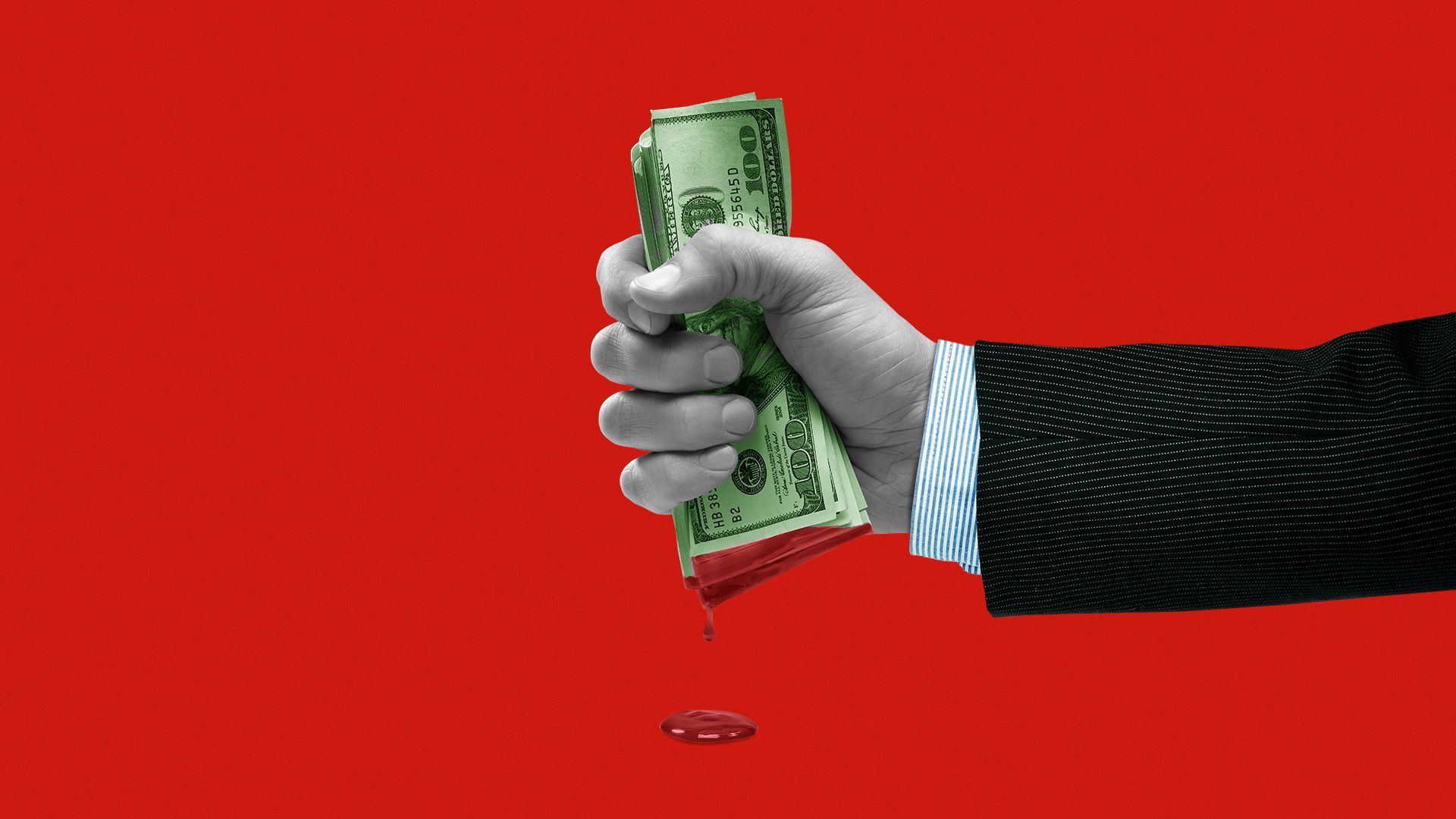 Illustration of a hand squeezing a stack of money with blood coming from the bottom