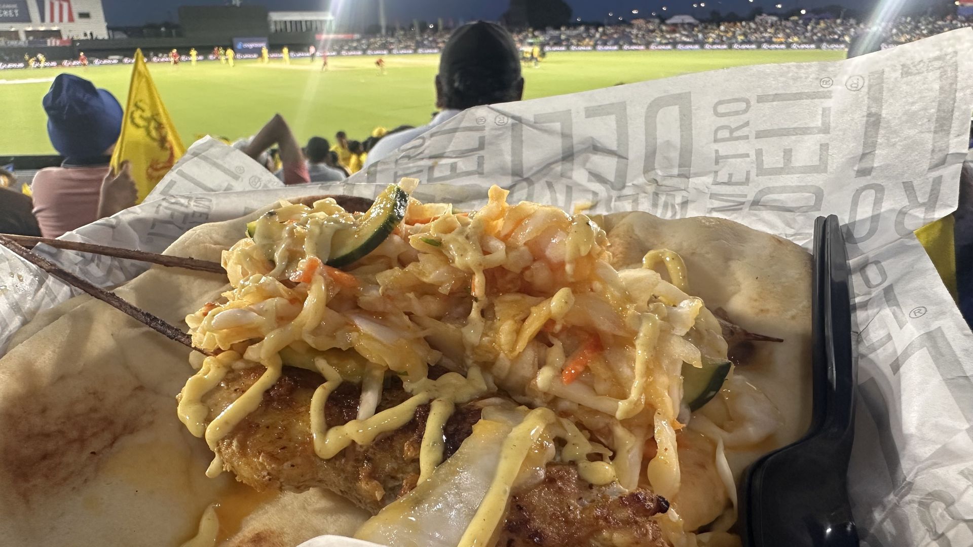 Chicken skewers and slaw on a pita with a field in the background