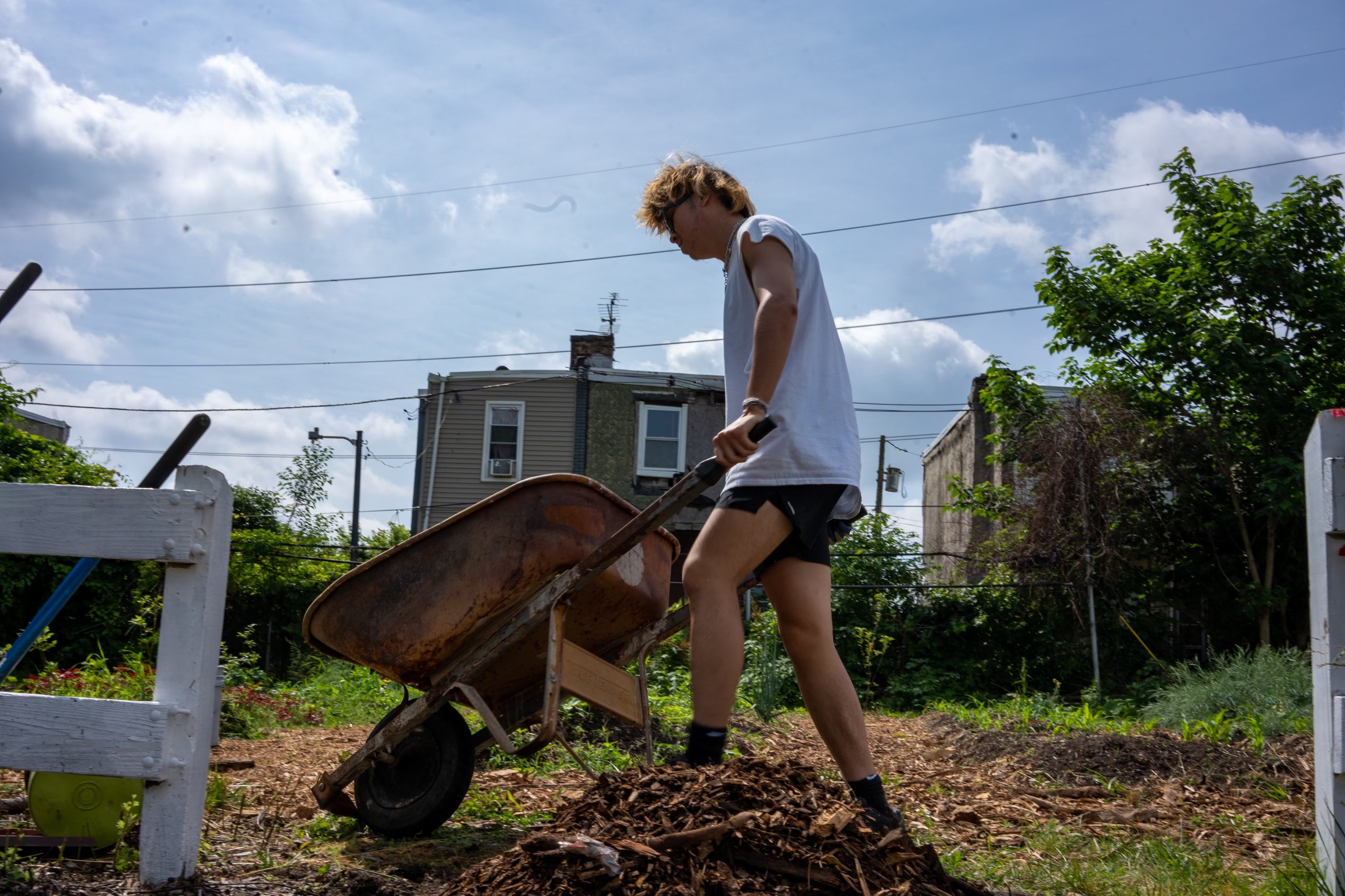 A man pushes a wheelbarrow at one of the community gardens in Southwest Philadelphia.