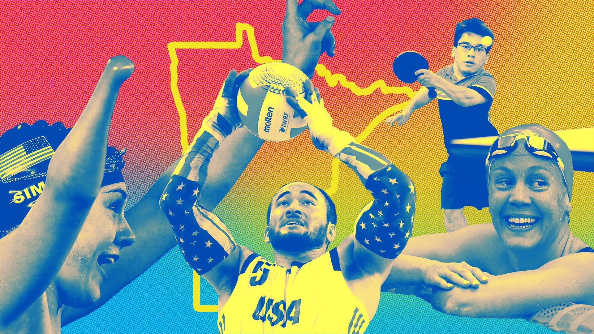 Photo illustration of Paralympic athletes Natalie Sims,  Charles Aoki, Ian Seidenfeld, and Mallory Weggemann with an outline of Minnesota behind them