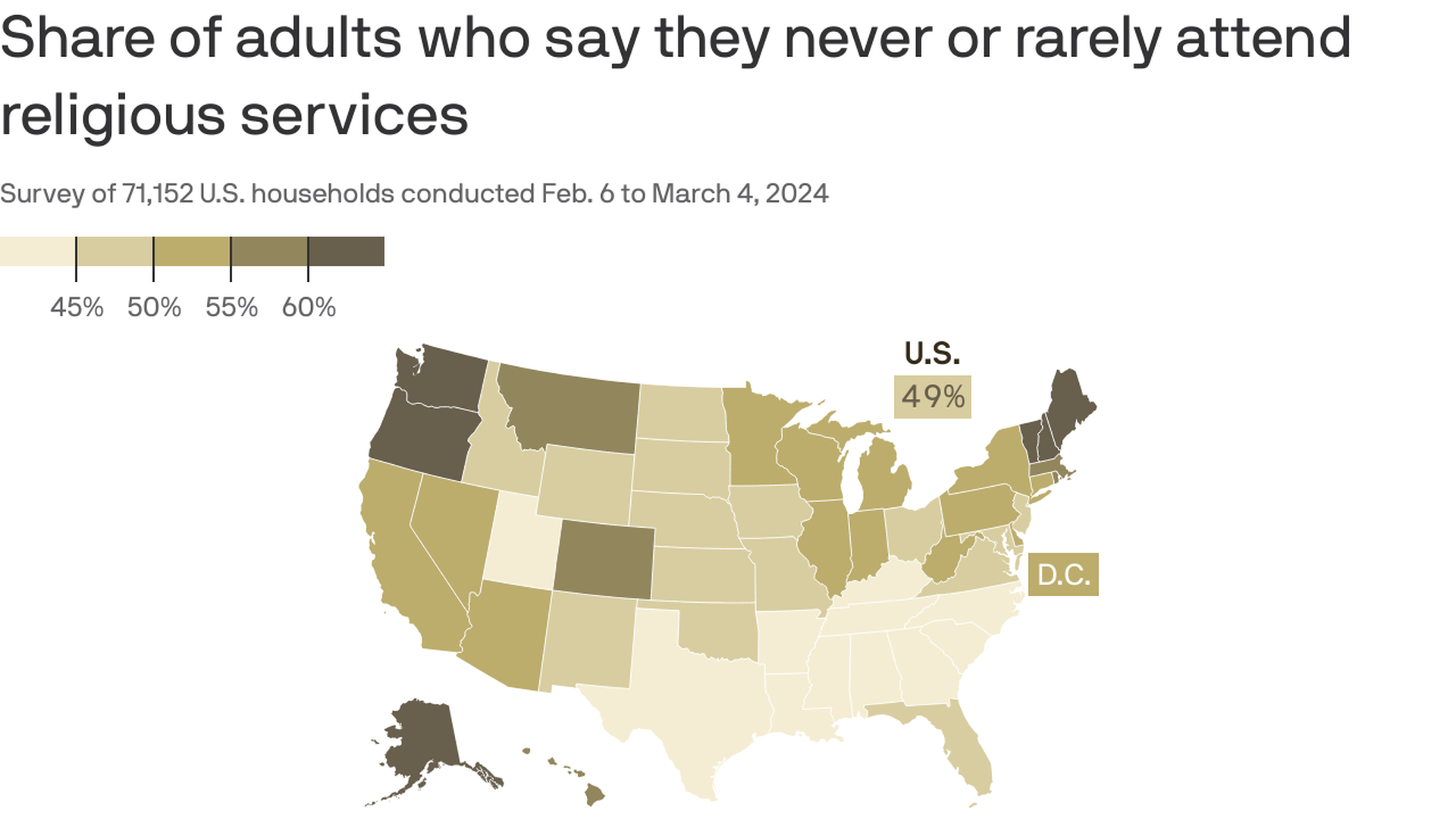 Map of the U.S. showing religious service attendance. 