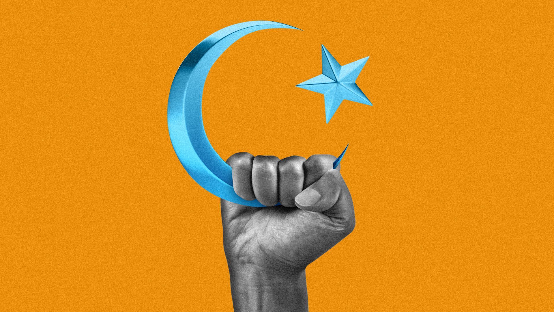 Illustration of a holding an Islamic crescent stylized in the Uyghur flag colors.