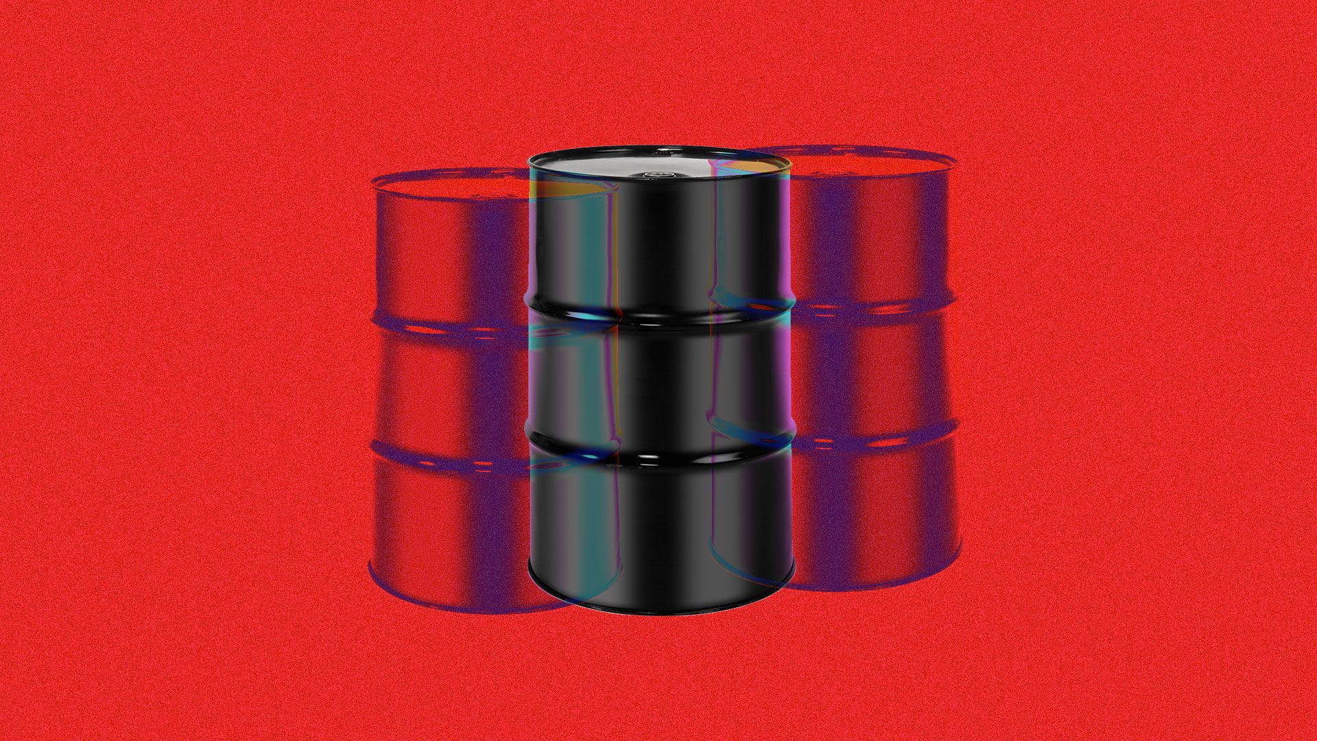 Illustration of an oil barrel seen double in psychedelic colors.