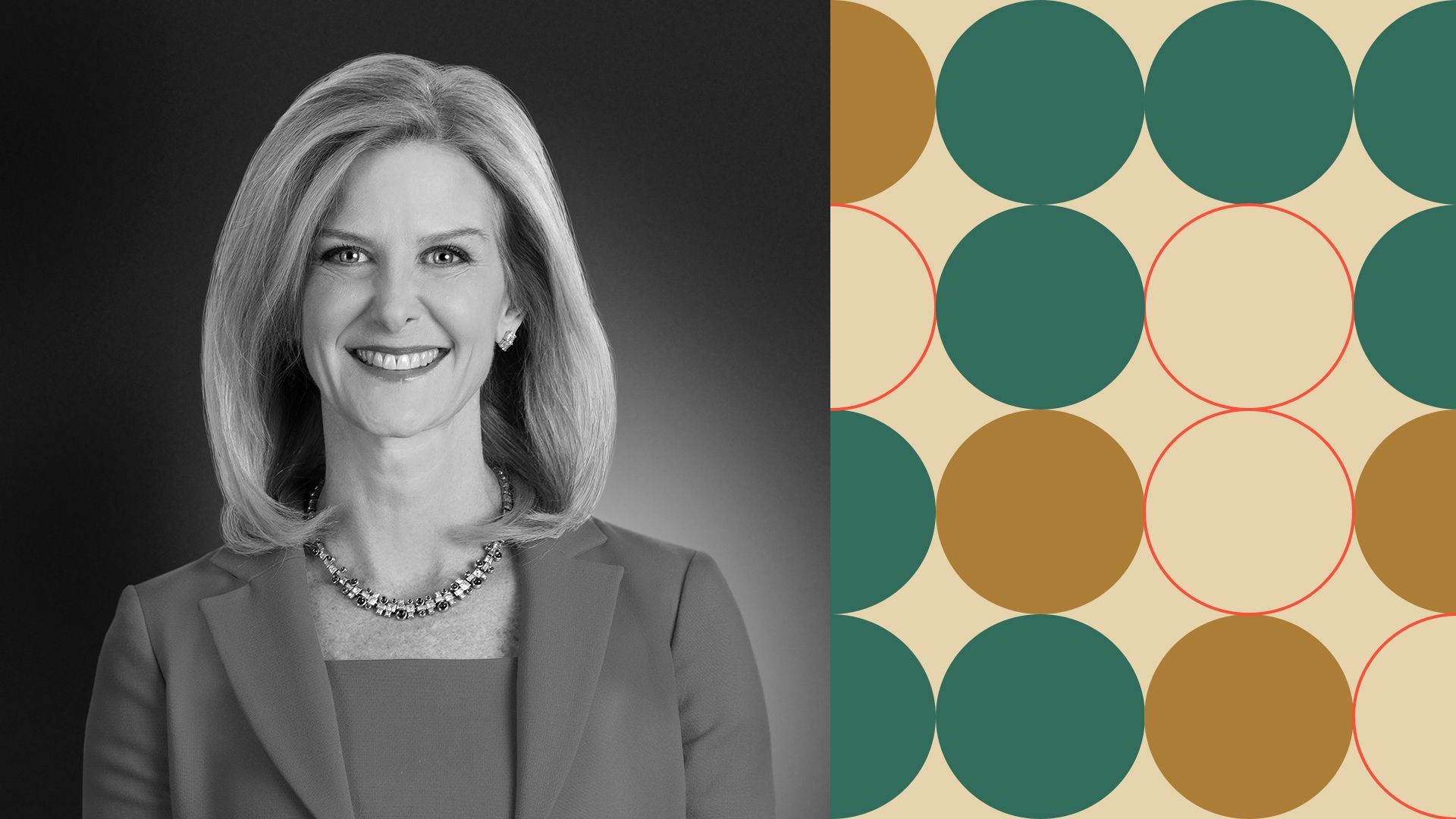 Photo illustration of Katherine Lugar surrounded by abstract shapes.