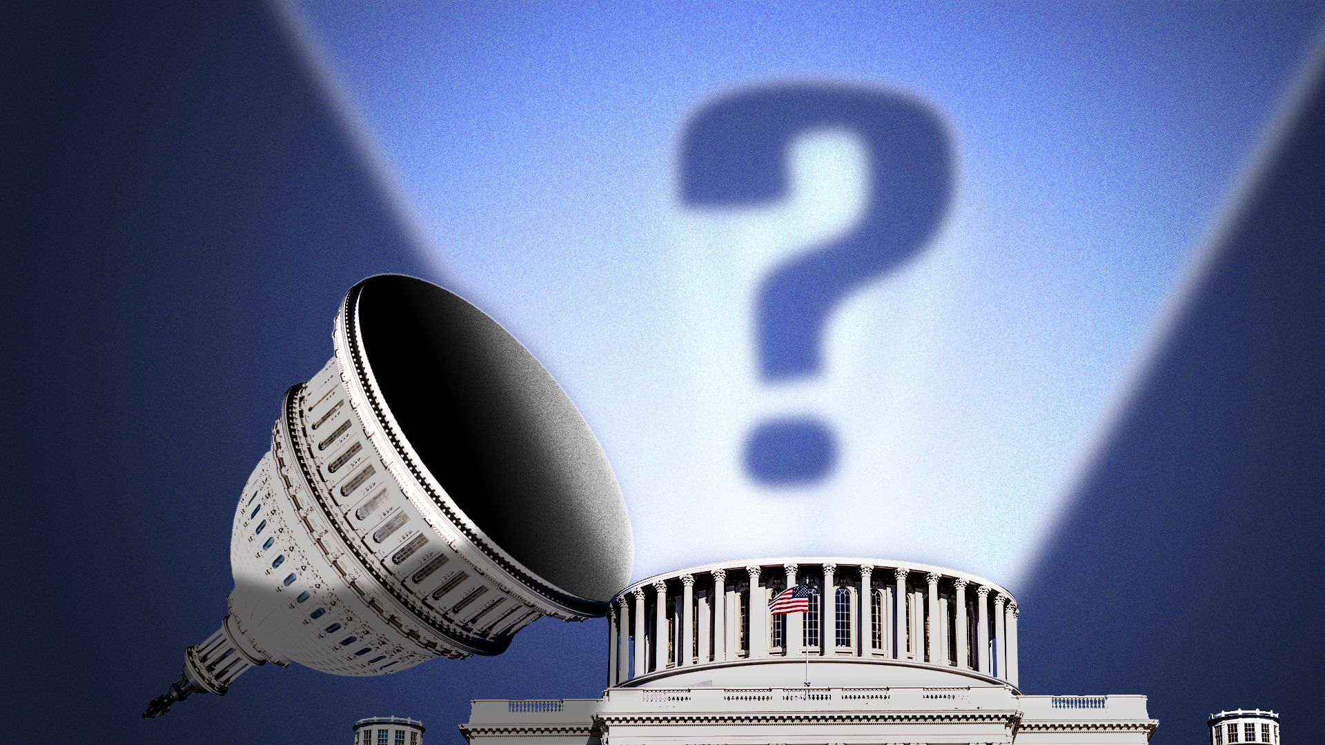 Illustration of the Capitol building's dome lifting upward, letting a glowing beam of light with a question mark ascend toward the sky