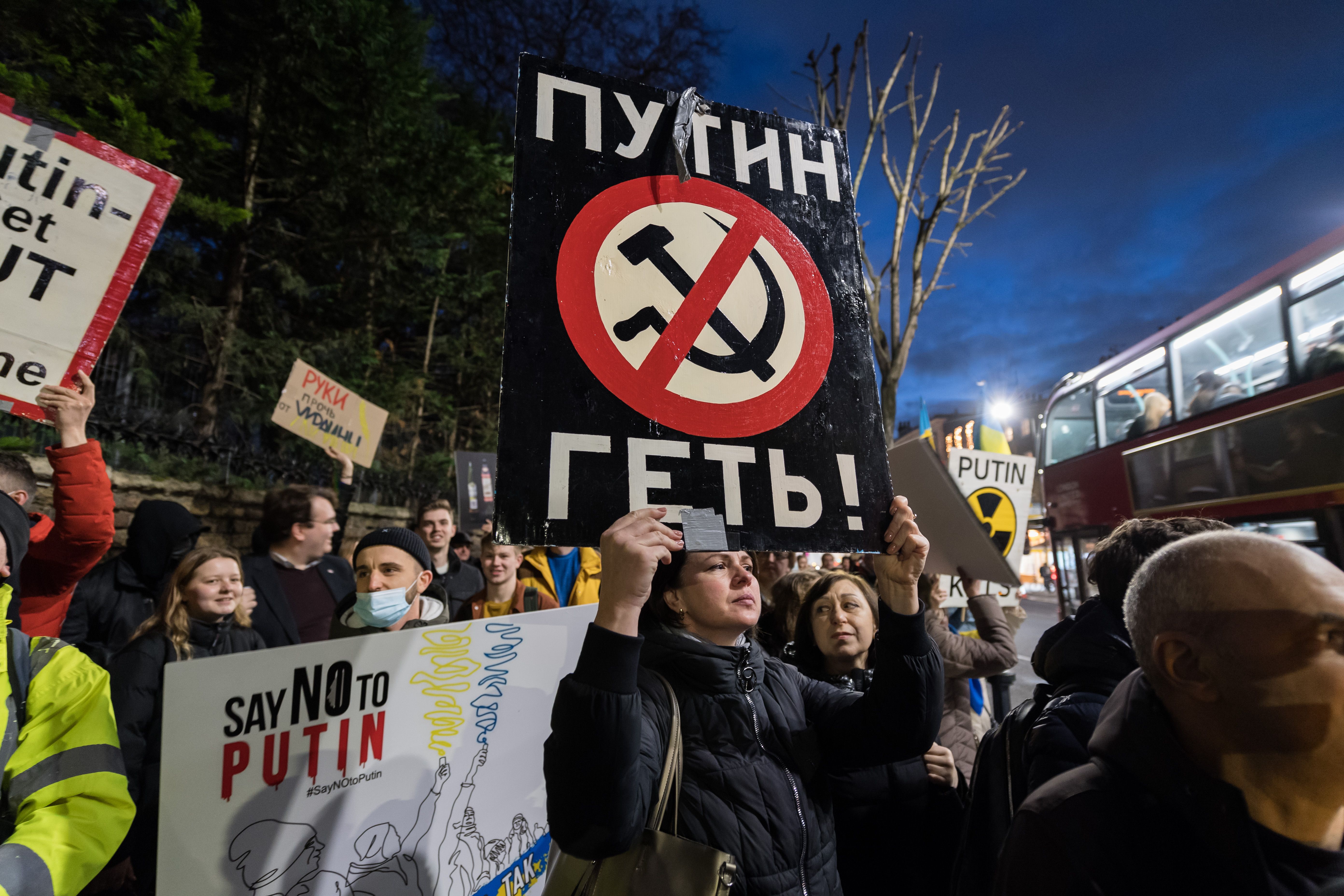 Protesters demonstrating outside the Russian embassy in London on Feb. 23.