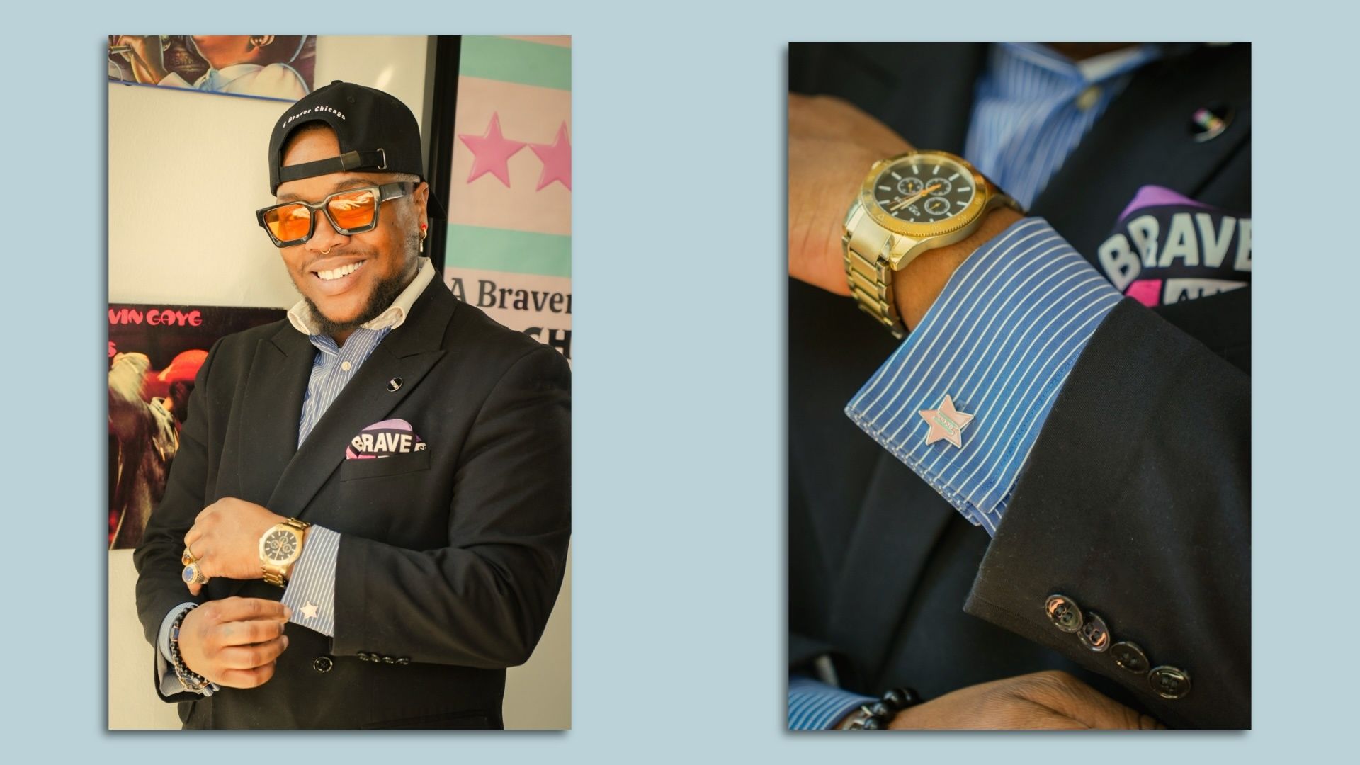 Photos of a man wearing a nice watch with cuff links 