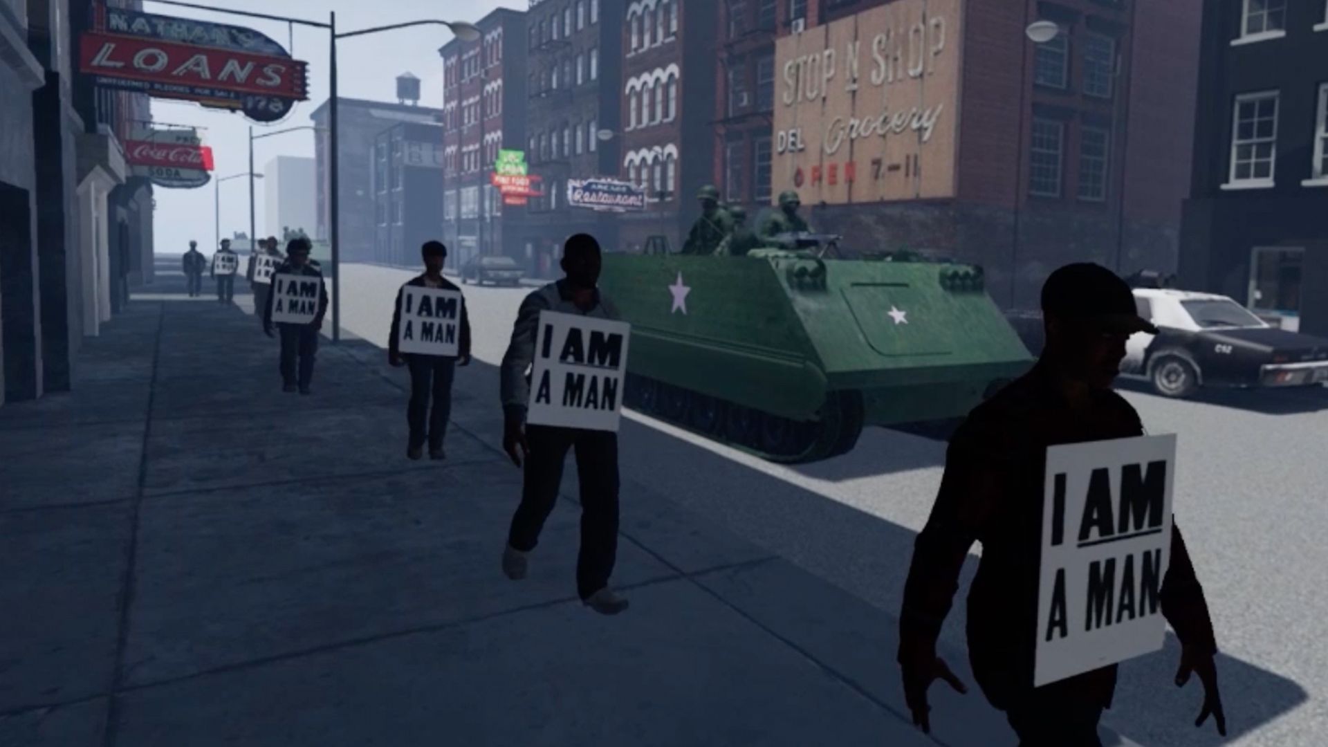 Image of the VR film "I Am A Man" shows protesters for the 1968 Memphis sanitation workers' strike