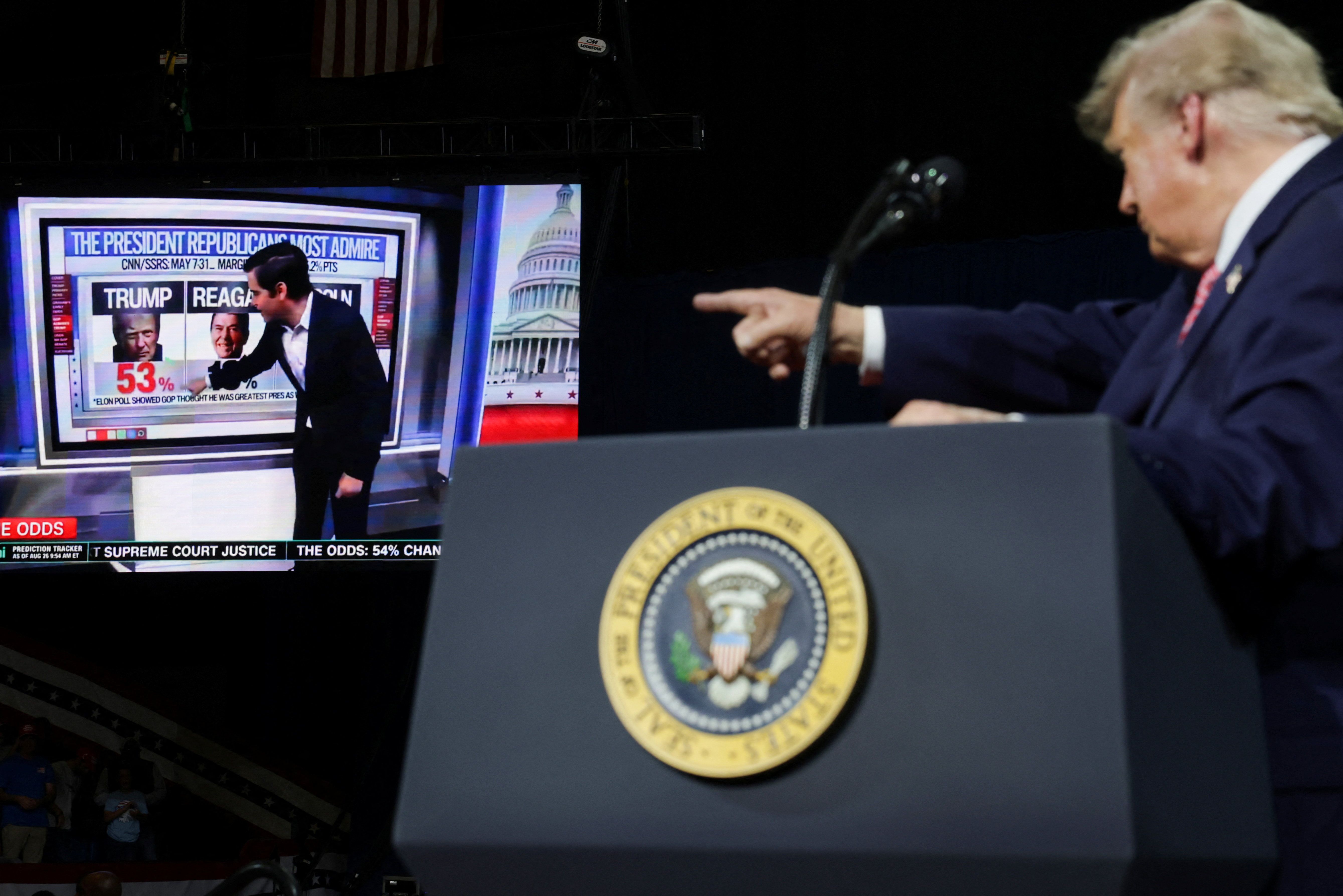 President Trump points to a report by CNN's Harry Enten on a poll from May, shown during a rally last night in Park City, Kansas.