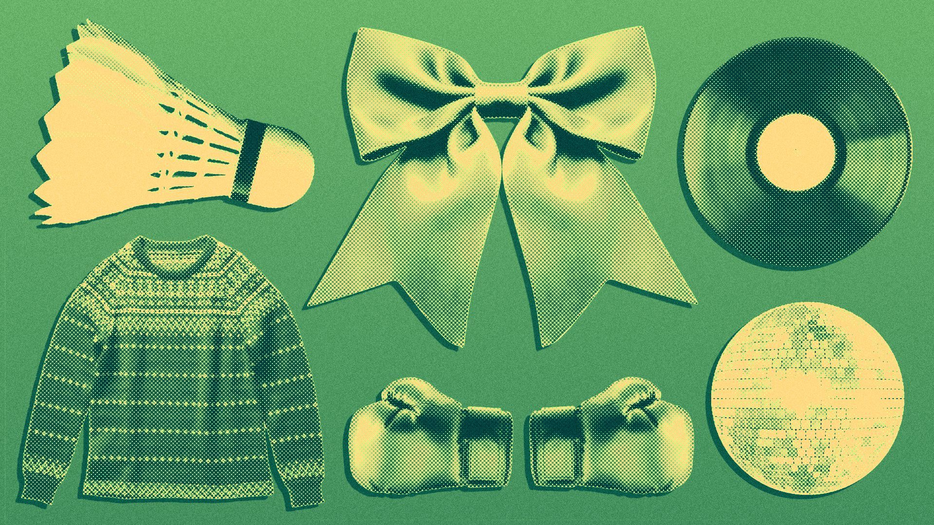 Illustration of a disco ball, vinyl record, sweater, bow, badminton shuttlecock and boxing gloves.