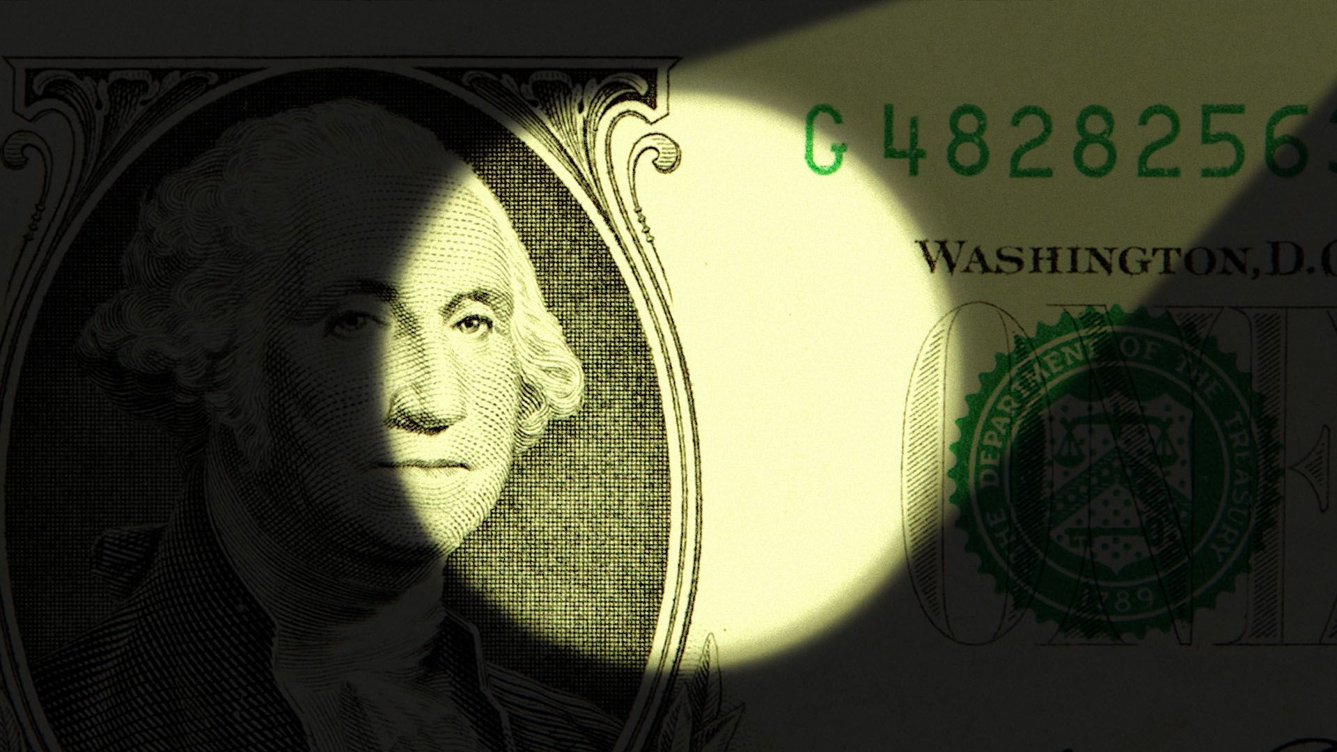 Illustration of a dollar bill in the dark being lit up by a beam of light