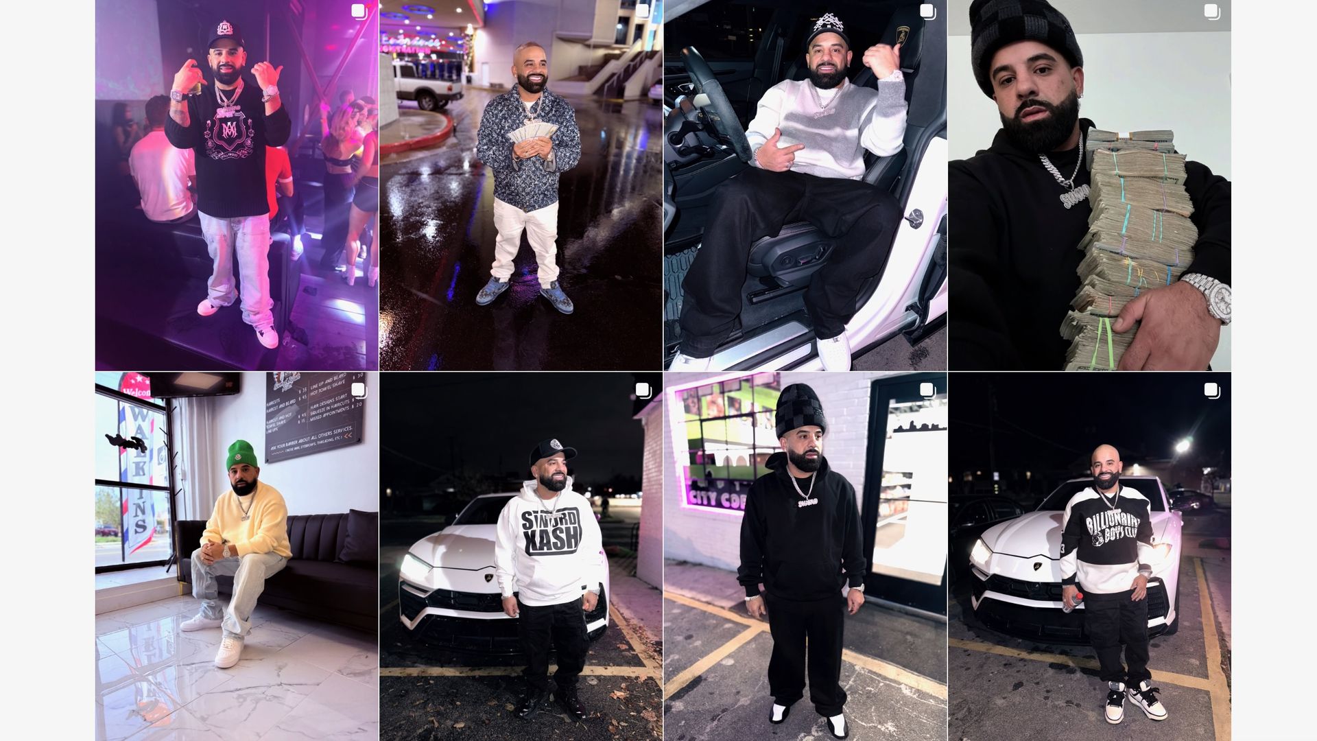 Eight Instagram posts showing a man holding cash and standing near a Lamborghini, among other scenes. 