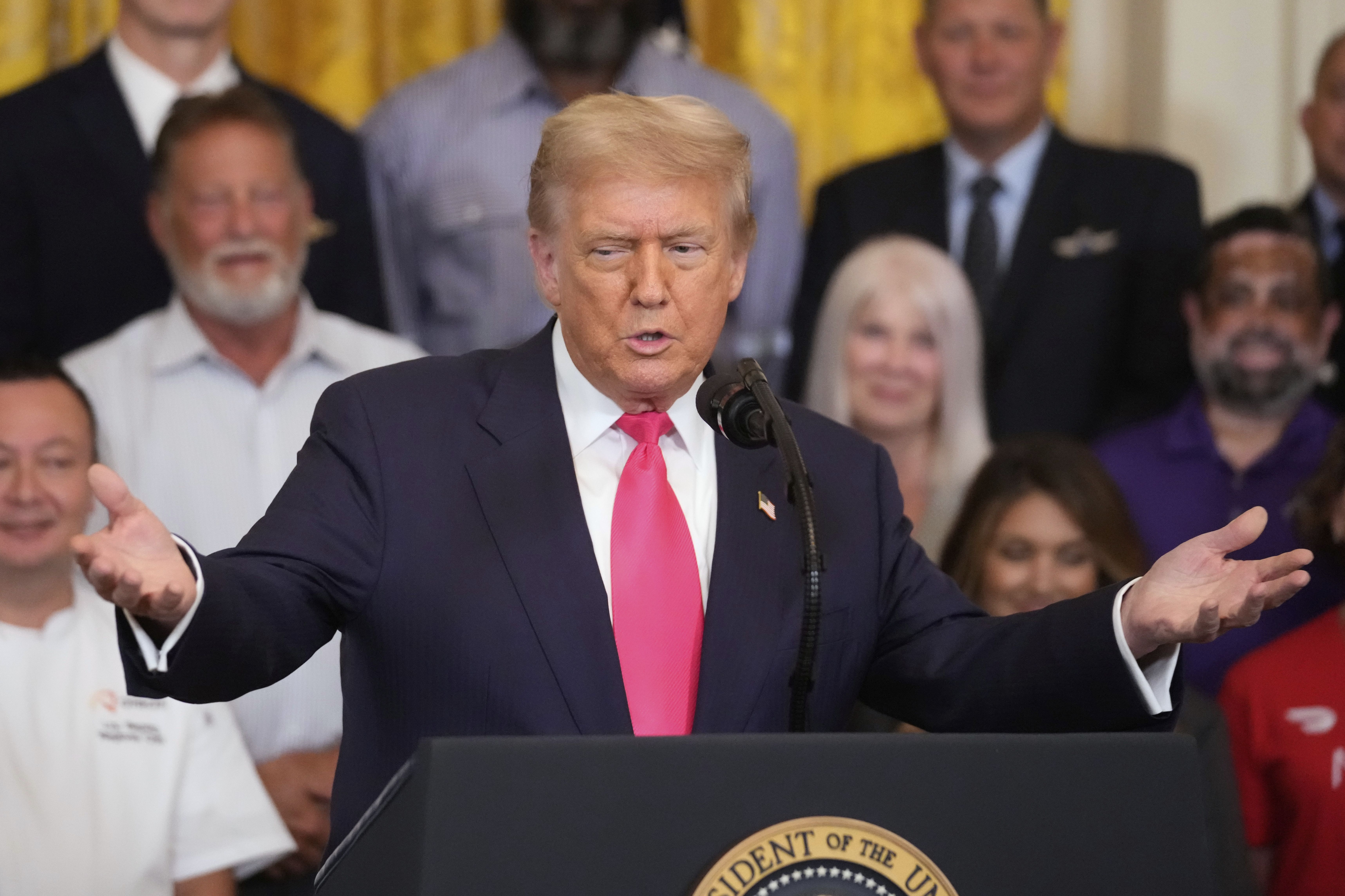 President Donald Trump speaks at an event to promote his domestic policy and budget agenda in the East Room of the White House, Thursday, June 26, 2025, in Washington. (AP Photo/Mark Schiefelbein)