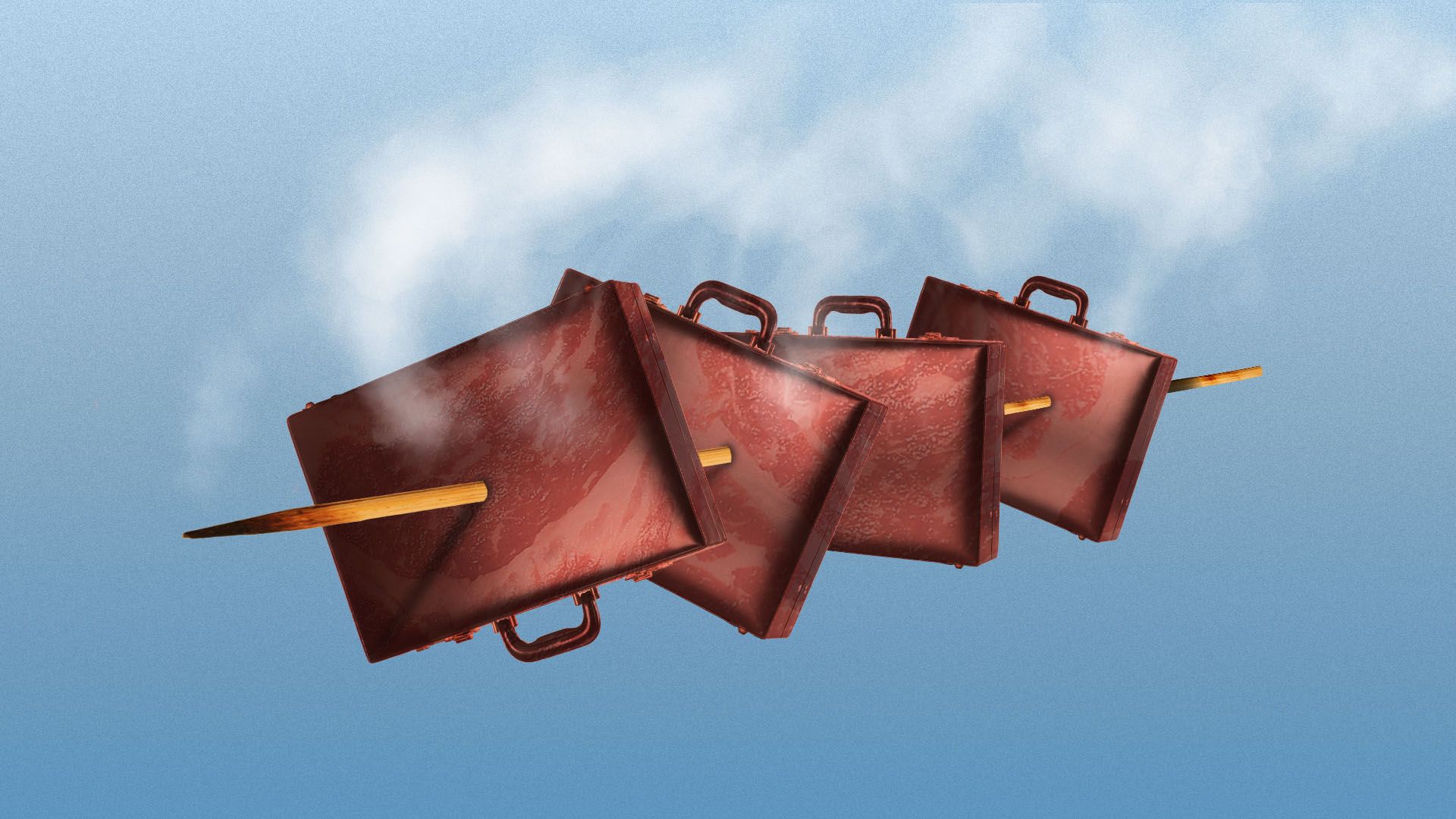 Illustration of a steaming kabob skewer with briefcases for chunks of meat
