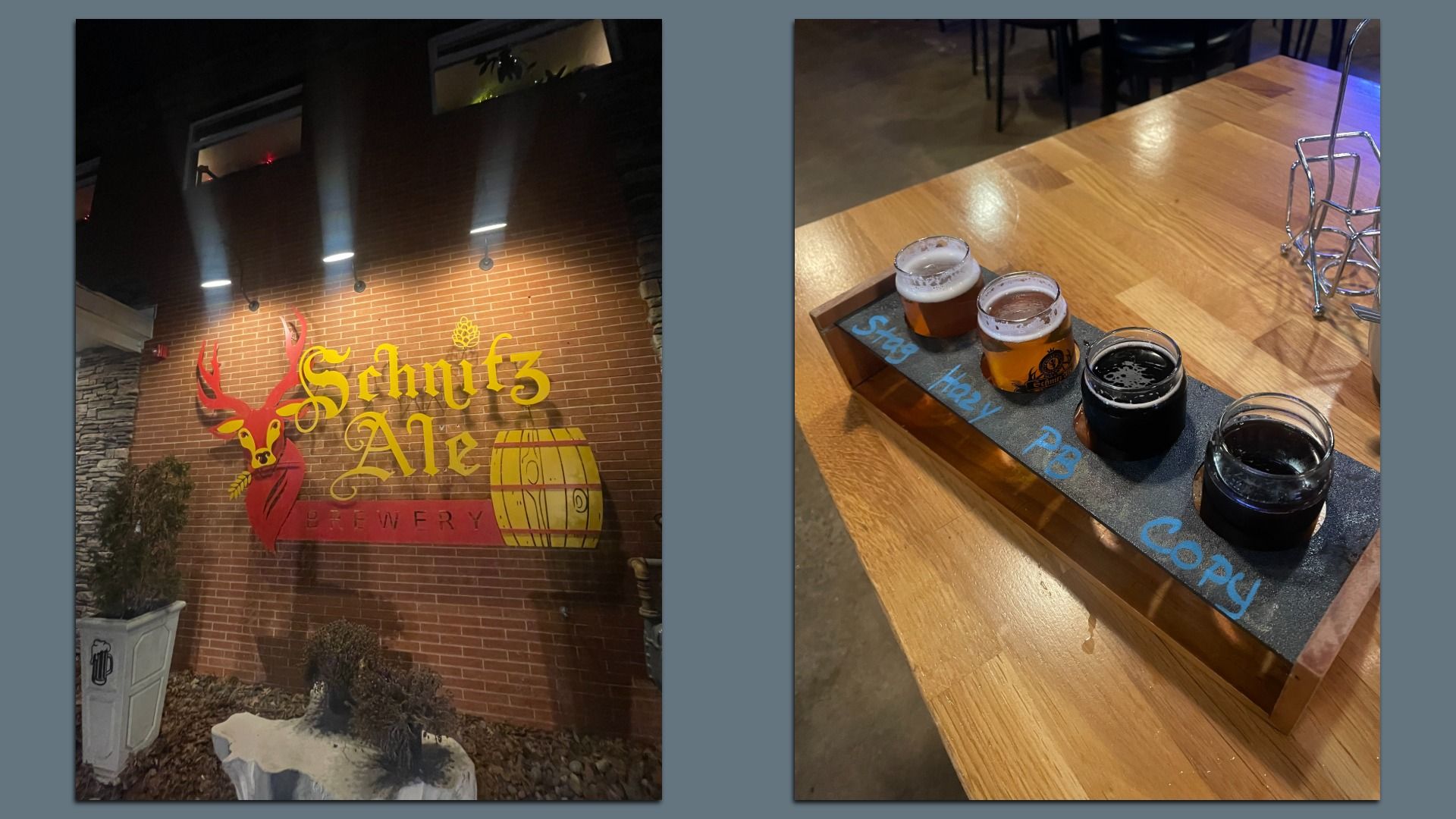 Night photo of Schnitz Ale Brewery sign with deer head logo on brick wall; beer flight with four small glasses labeled Stag, Hazy, PB, and Copy on a wooden table.