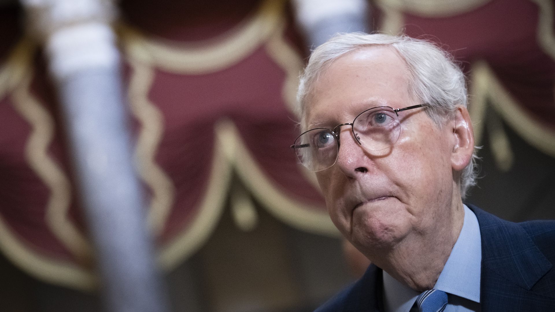 Mitch McConnell (R-KY) walks through Statuary Hall on his way to the House Chamber for an address by Israeli President Isaac Herzog's address to a joint meeting of Congress at the U.S. Capitol on July 19, 2023 i