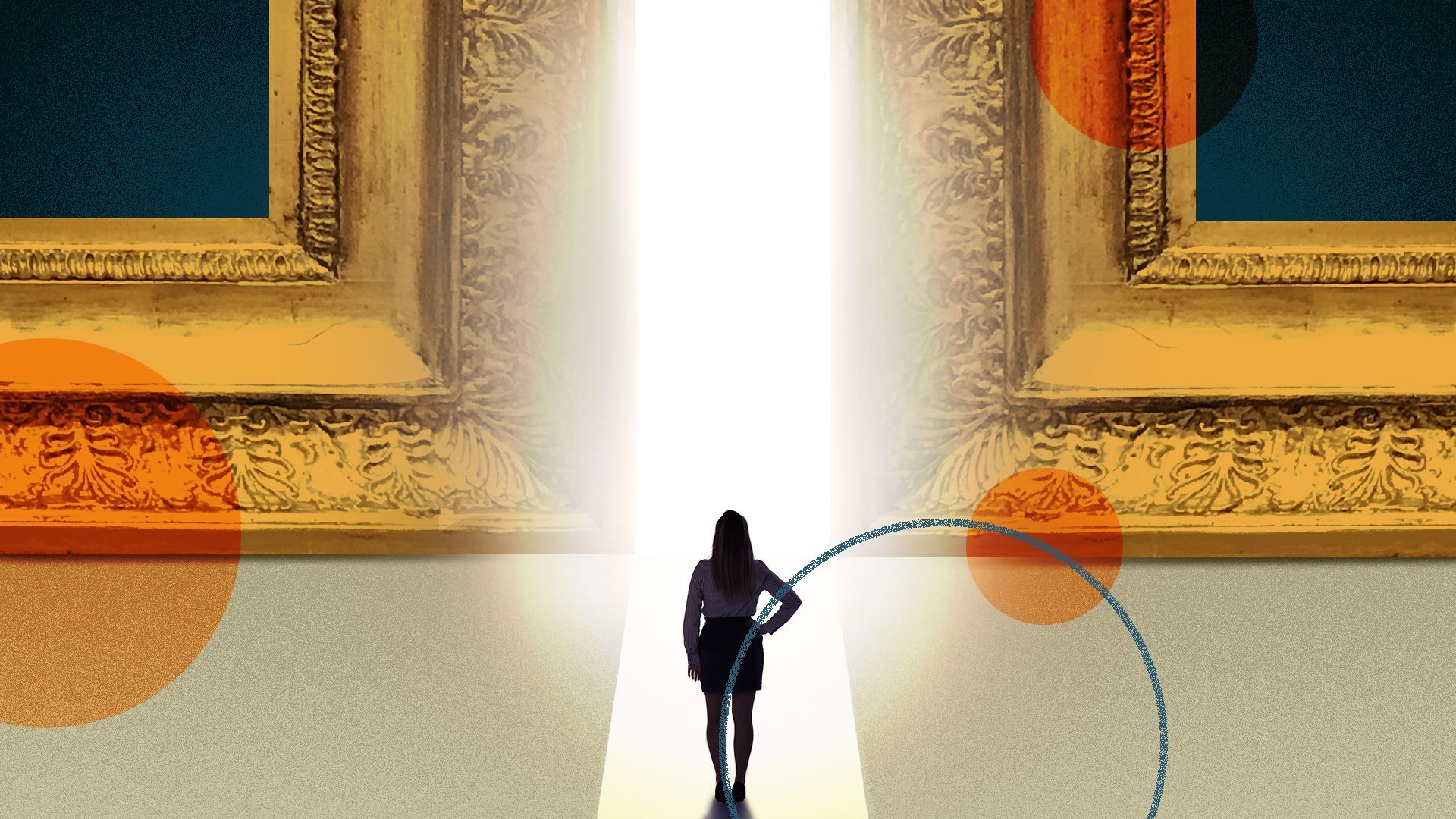 Illustration of a person looking into a narrow light formed by two giant painting frames.