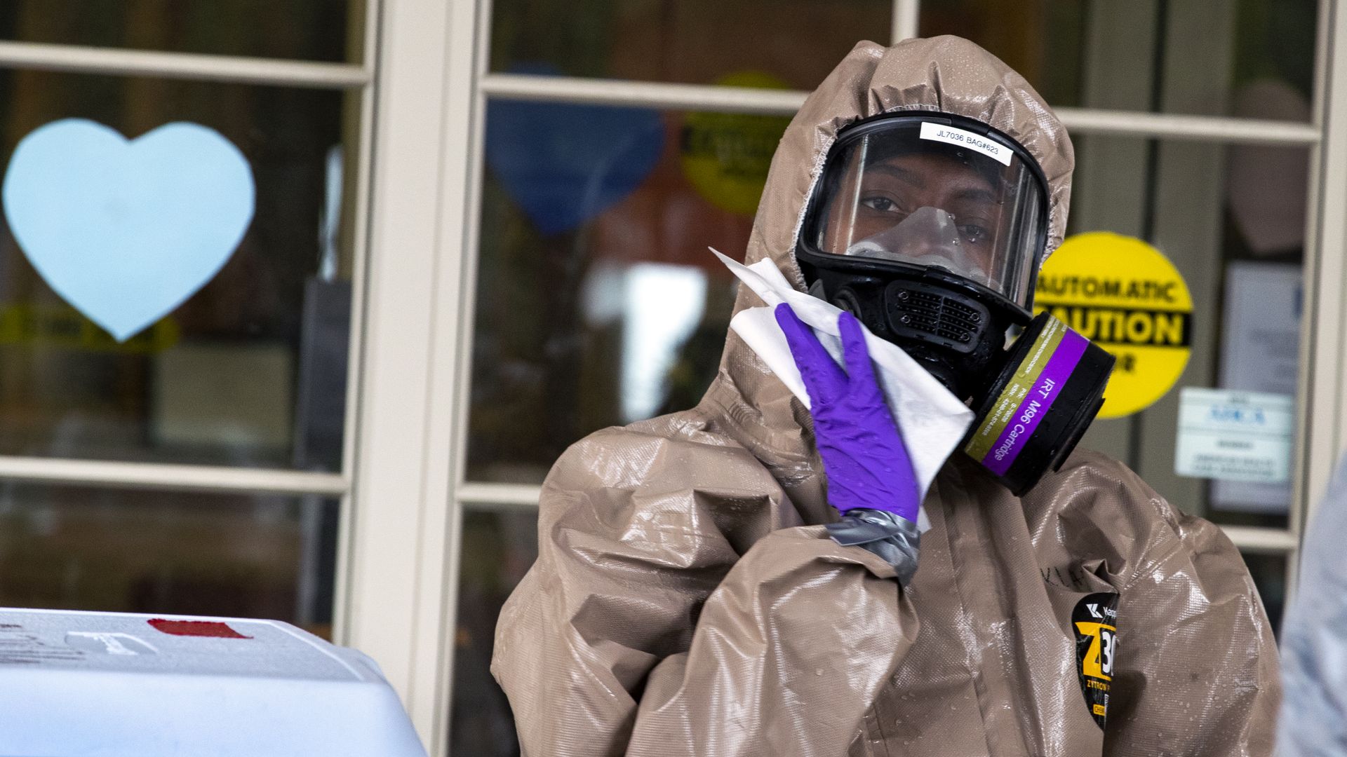 A member of the Massachusetts National Guard after assisting nursing homes with COVID-19 testing