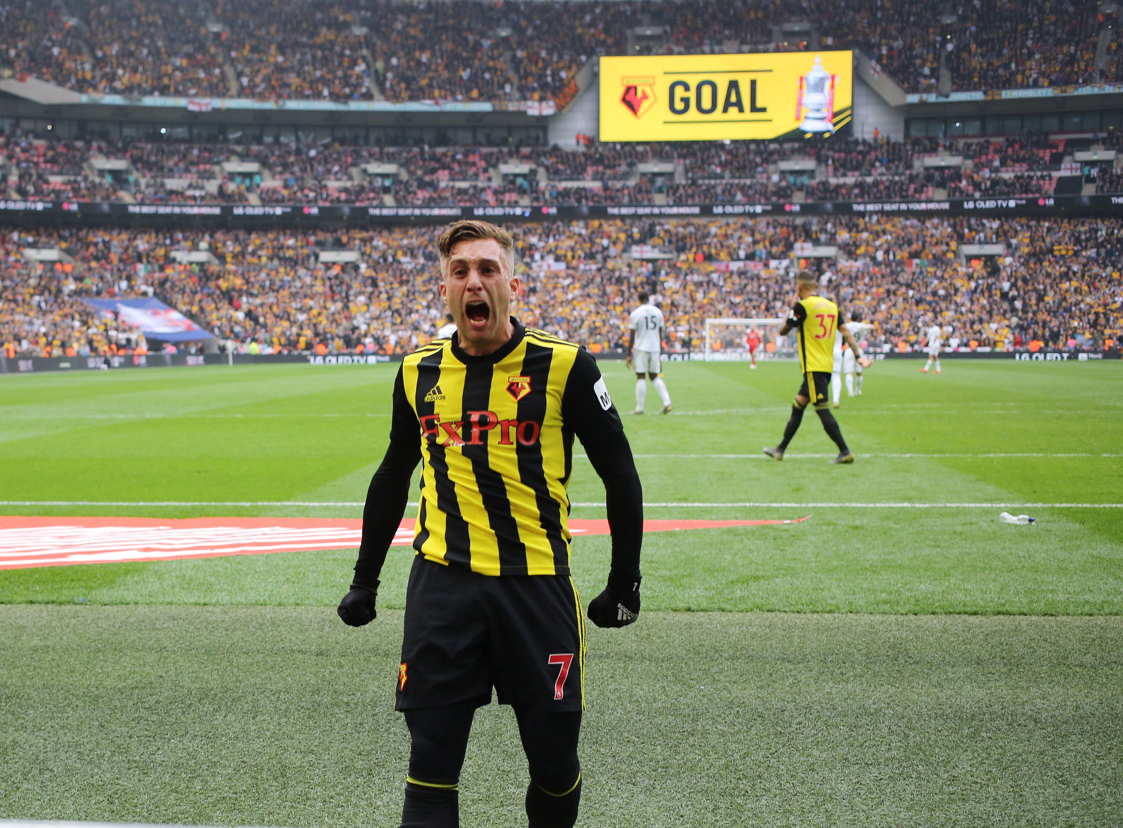 Gerard Deulofeu of Watford celebrates the equalising goal for Watford