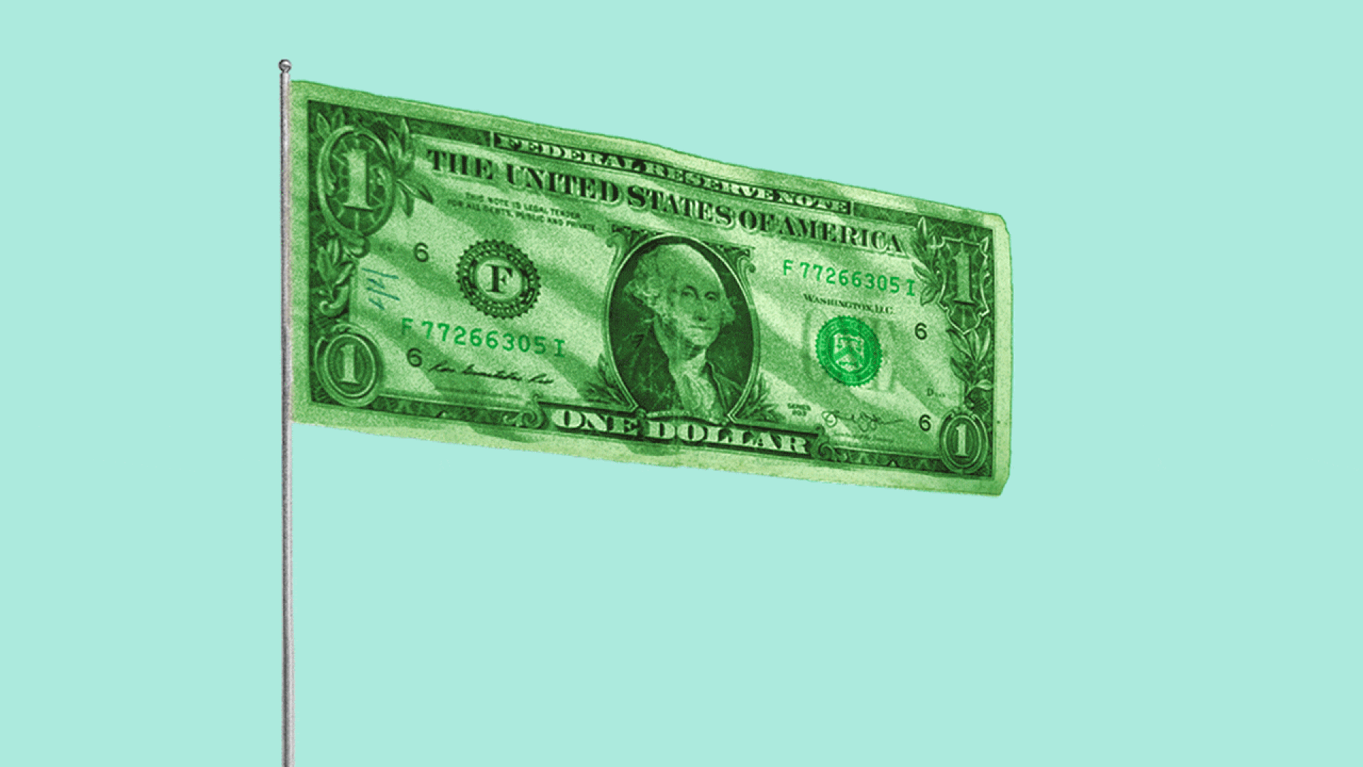 Illustration of a dollar bill as a flag being lowered and then raised as a white flag of surrender.