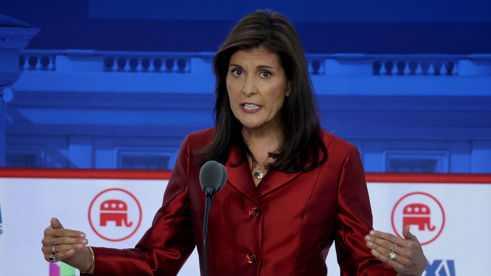Republican presidential candidate former U.N. Ambassador Nikki Haley delivers remarks during the FOX Business Republican Primary Debate at the Ronald Reagan Presidential Library on September 27, 2023 in Simi Valley, California.