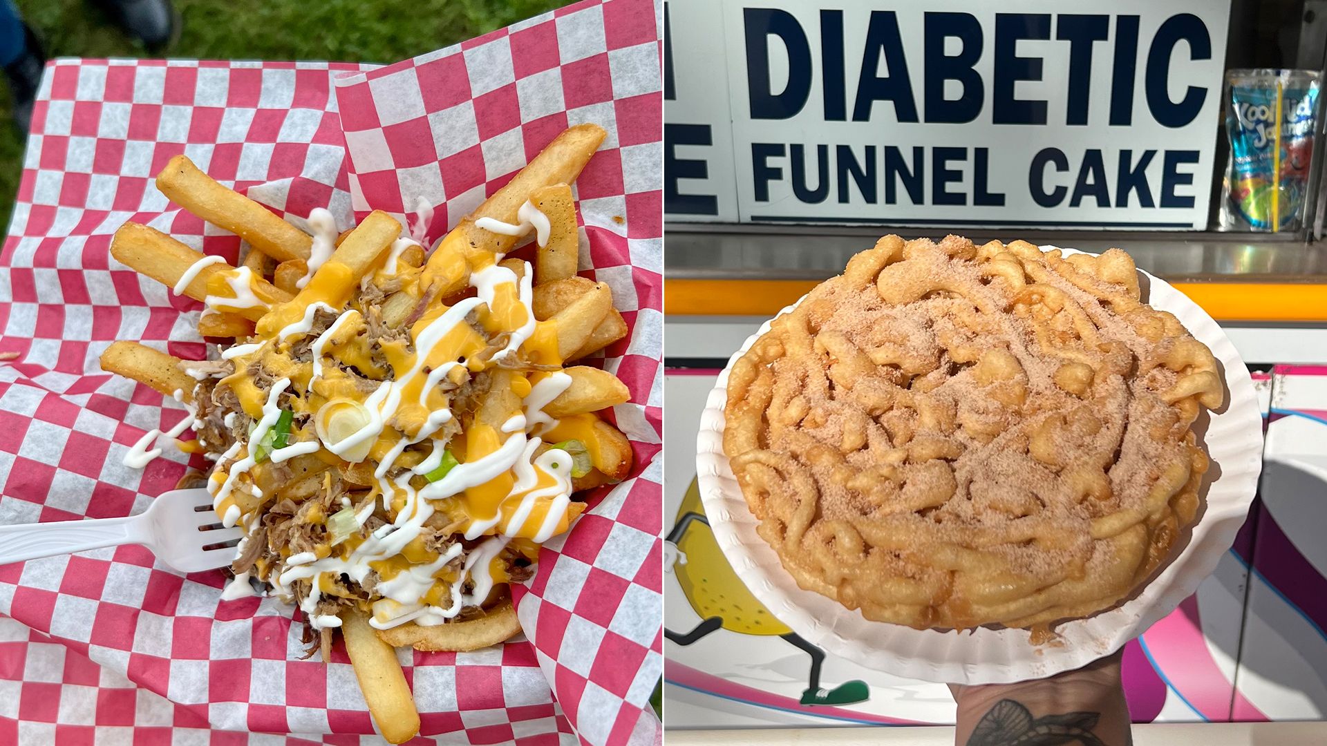 Loaded fries with cheese, shredded meat, green onions, and sour cream on red-checkered paper; hand holding a cinnamon powdered funnel cake on a white plate in front of a sign.
