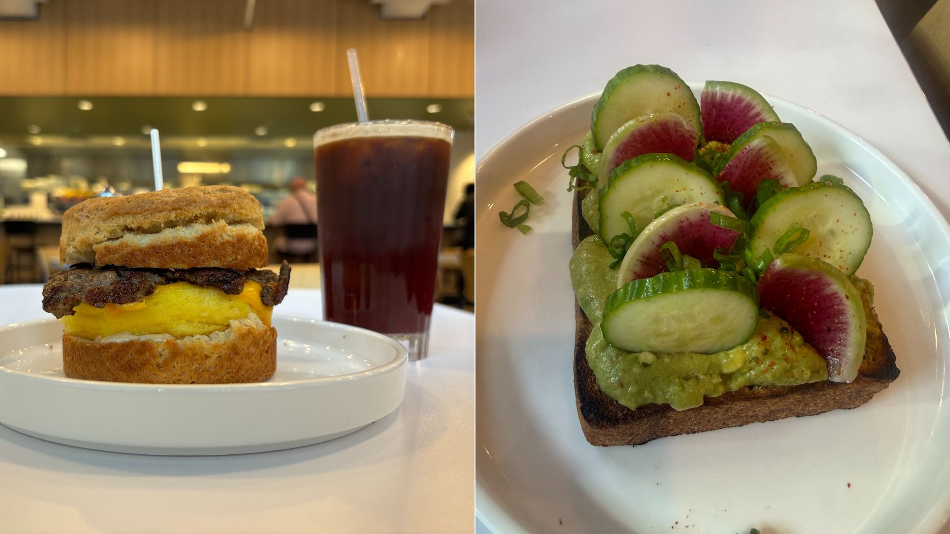 Two-panel food photo: left shows a cheeseburger with a toasted bun and a glass of iced coffee; right shows avocado toast with cucumber, watermelon radish slices, and green onions on dark bread.