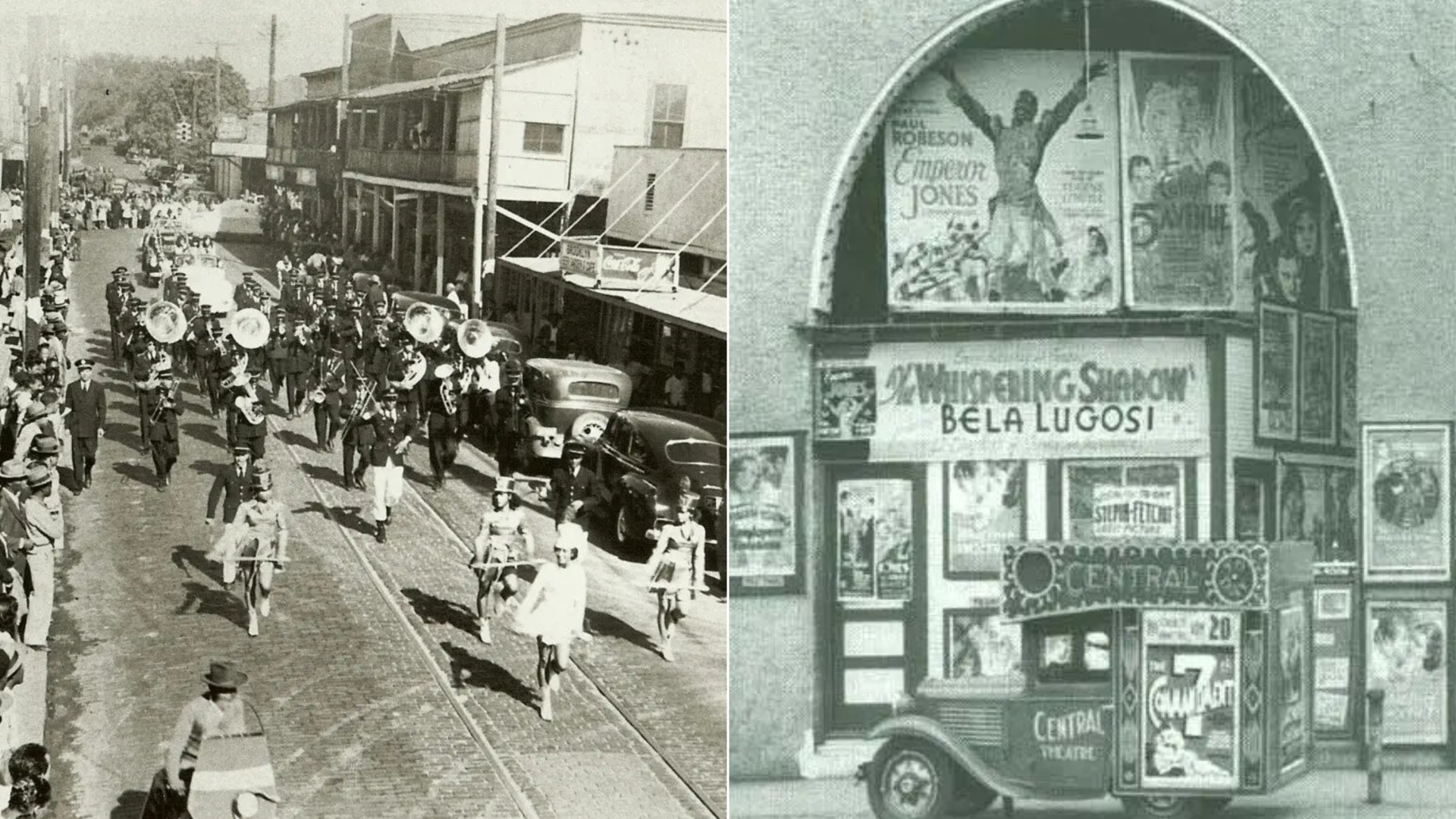 two black and white photos of a parade and a theater