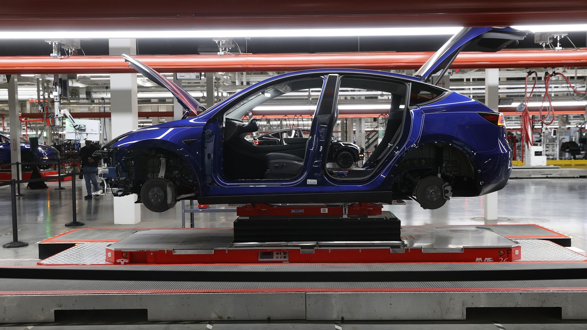 A Tesla in production on the factory floor.
