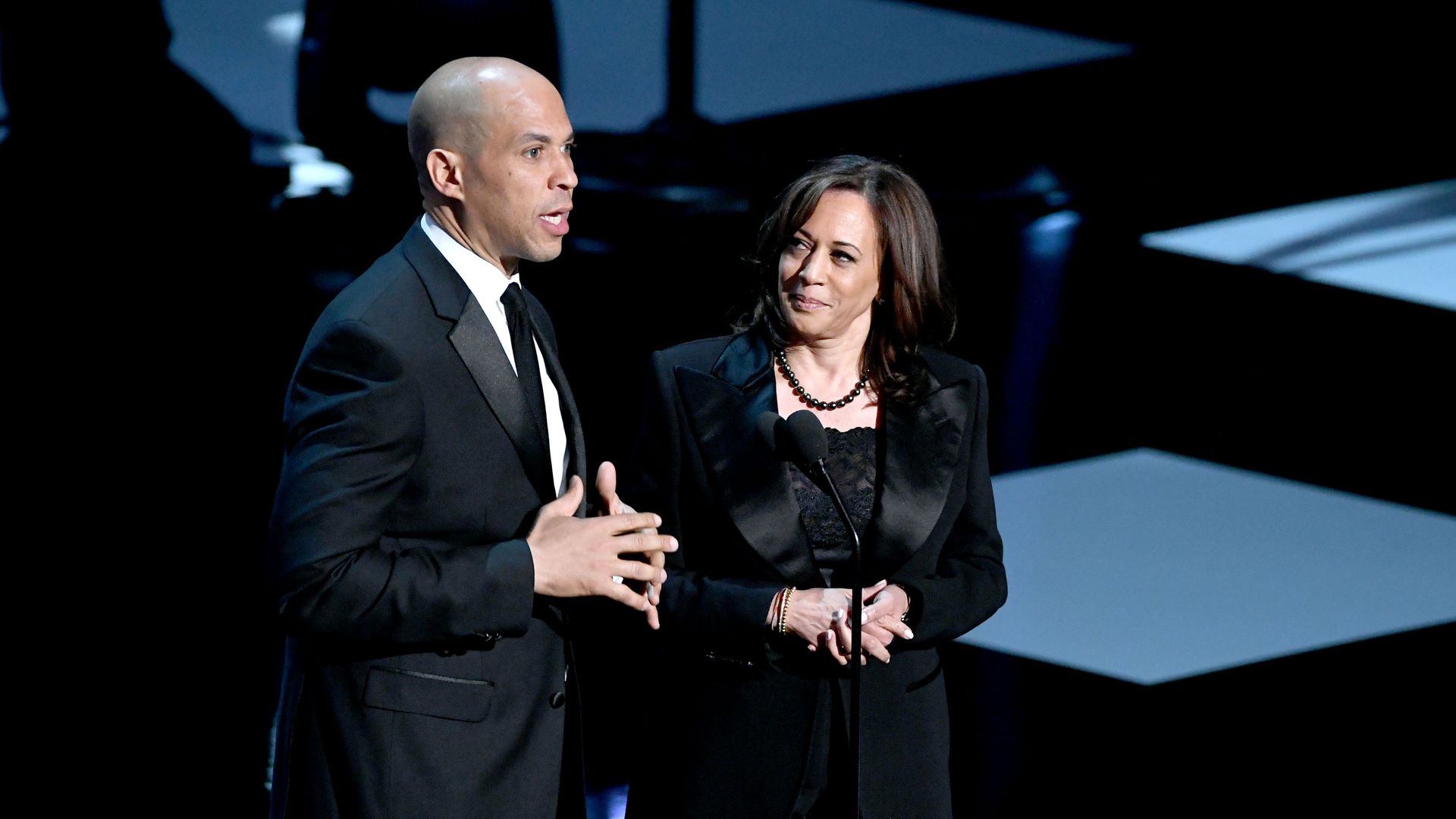 Cory Booker and Kamala Harris speak onstage at the 50th NAACP Image Awards at Dolby Theatre on March 30, 2019 in Hollywood