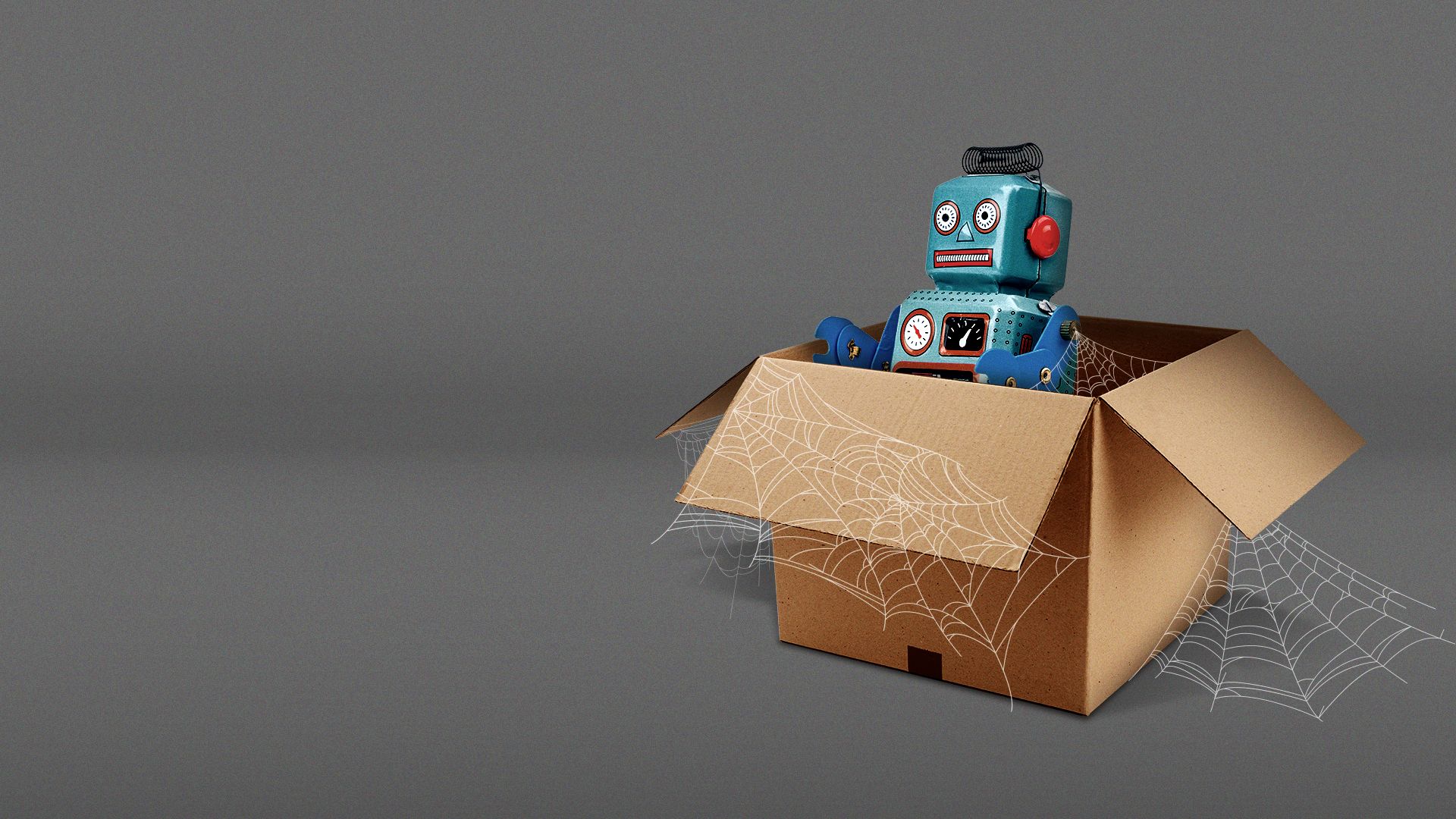 Illustration of a toy robot in a box covered in cobwebs.