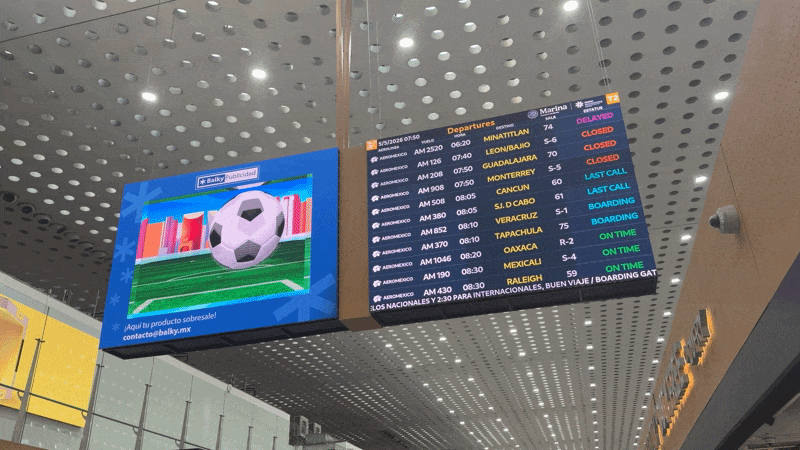 A GIF showing a soccer ball on a board with flight info