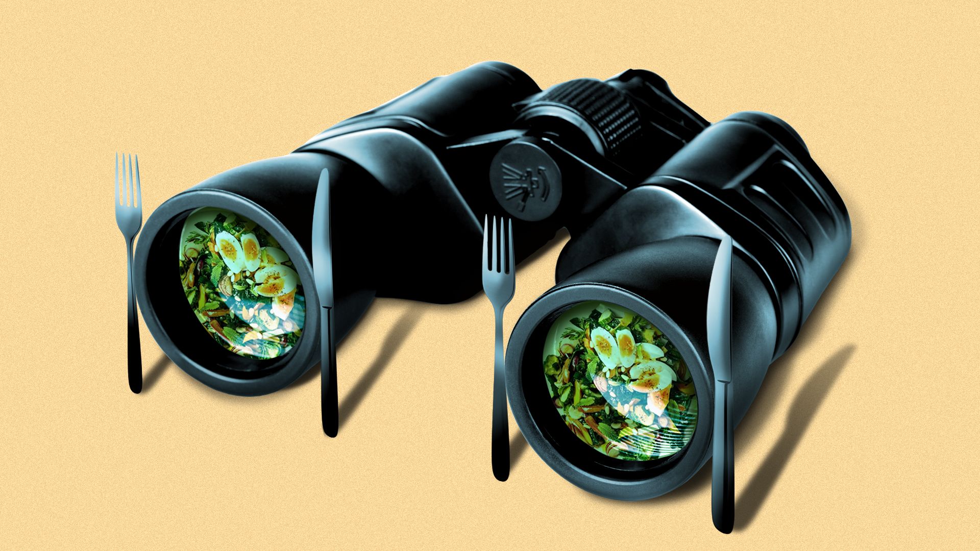 Illustration of a pair of binoculars with a fork and knife on either side of the eye piece and a salad reflected in the glass