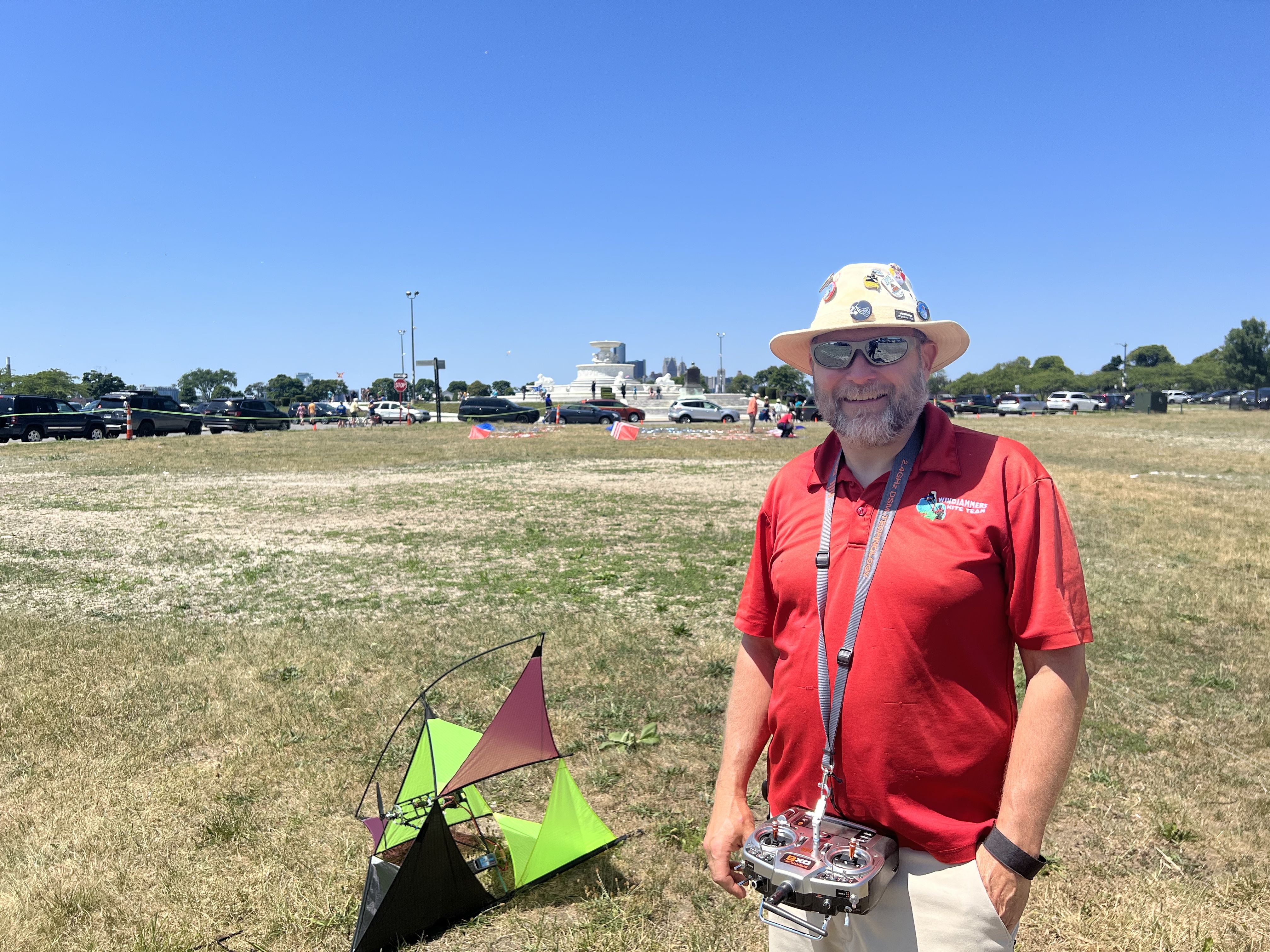 Jon Penn of Detroit Windjammers International Kite Team with his custom gimbal kite designed for flight control. Samuel Robinson/Axios