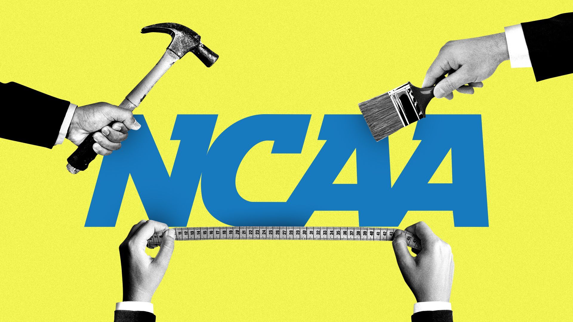 Illustration of hands holding a paintbrush, hammer, and measuring tape up against the NCAA logo. 
