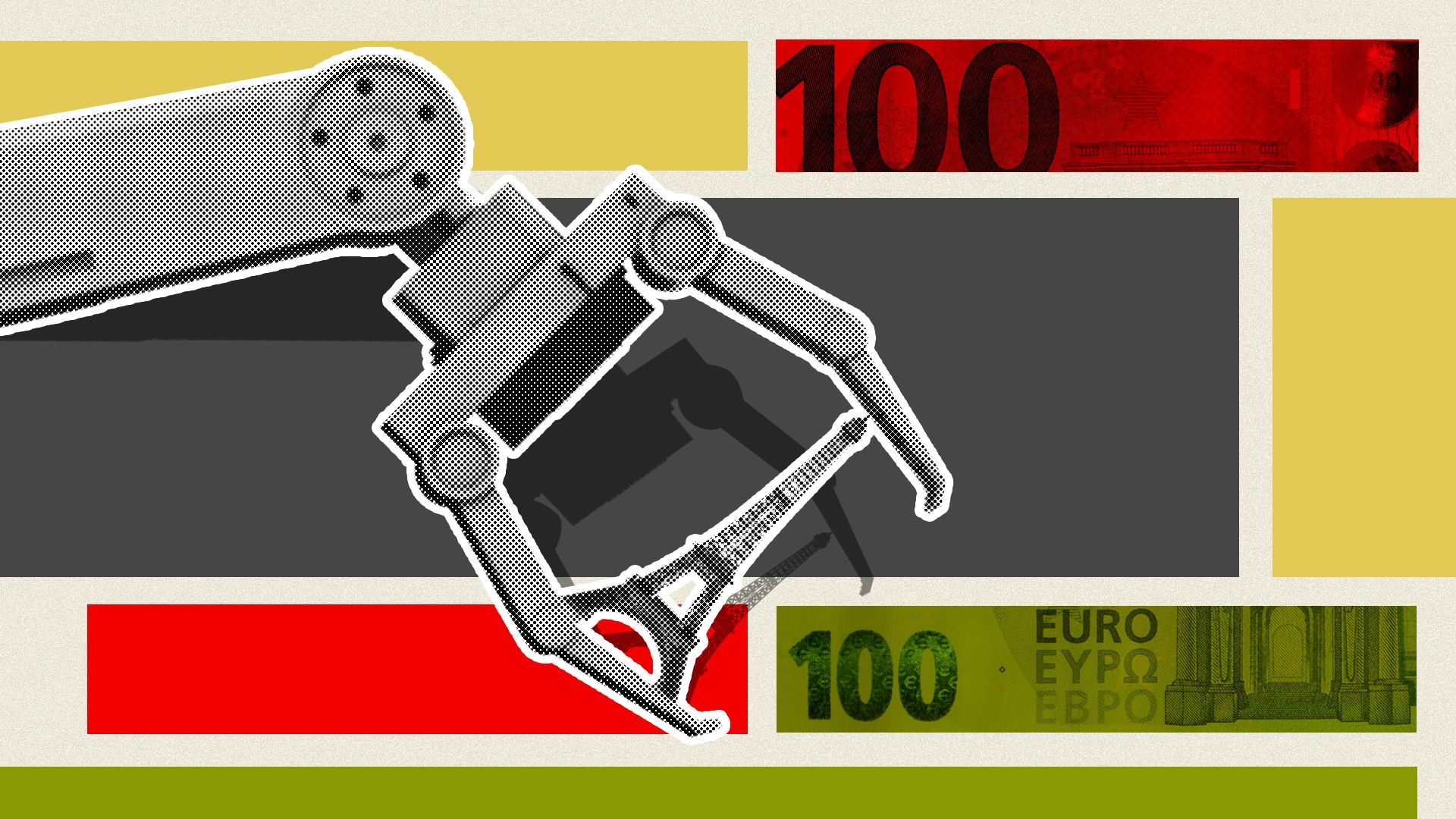 Illustration of a robotic claw grasping a small Eiffel tower with euros and shapes in the background