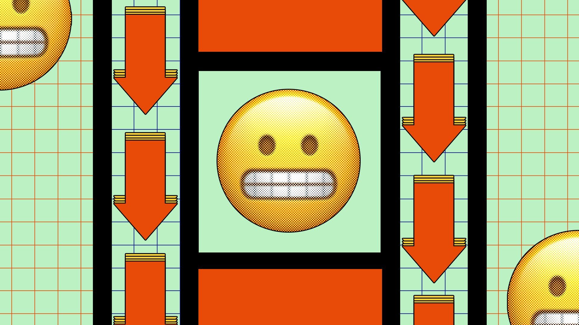 Illustration of a grimace emoji and graphic downward pointing arrows framed inside rectangles with gridded backgrounds.