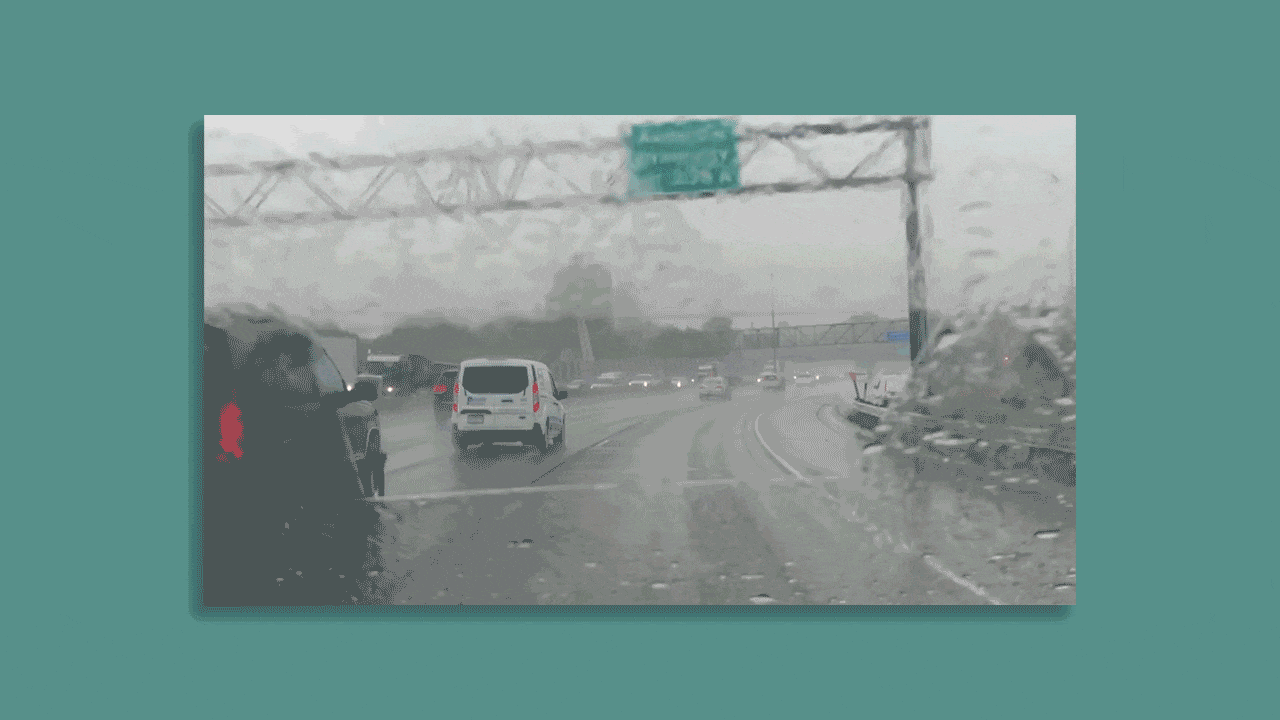 GIF image of 3M's protective film on a windshield that enables visibility even in driving rain. 
