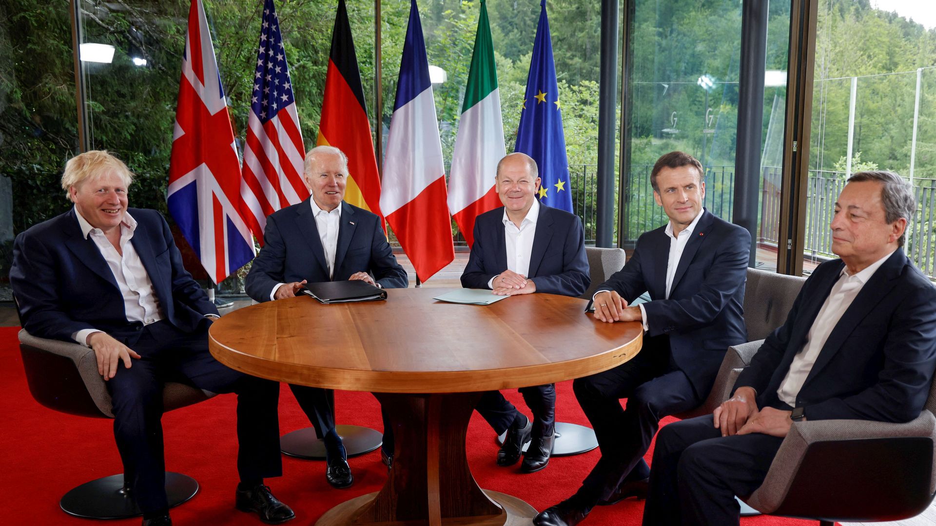 Britain's Prime Minister Boris Johnson, US President Joe Biden, German Chancellor Olaf Scholz, France's President Emmanuel Macron and Italy's Prime Minister Mario Draghi 