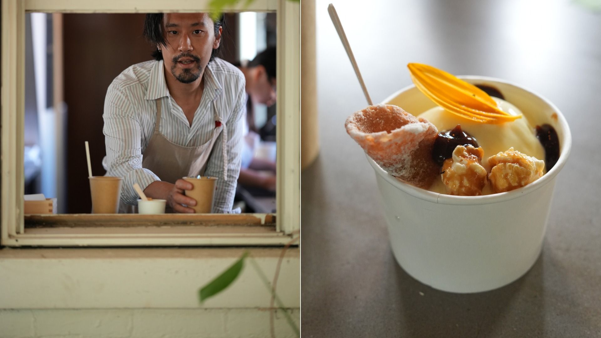 Two-panel scene: left shows a man in a striped shirt and apron at a cafe window, handing a cup. Right shows a dessert cup with vanilla ice cream, a sugar shard, candied nuts, and chocolate sauce.