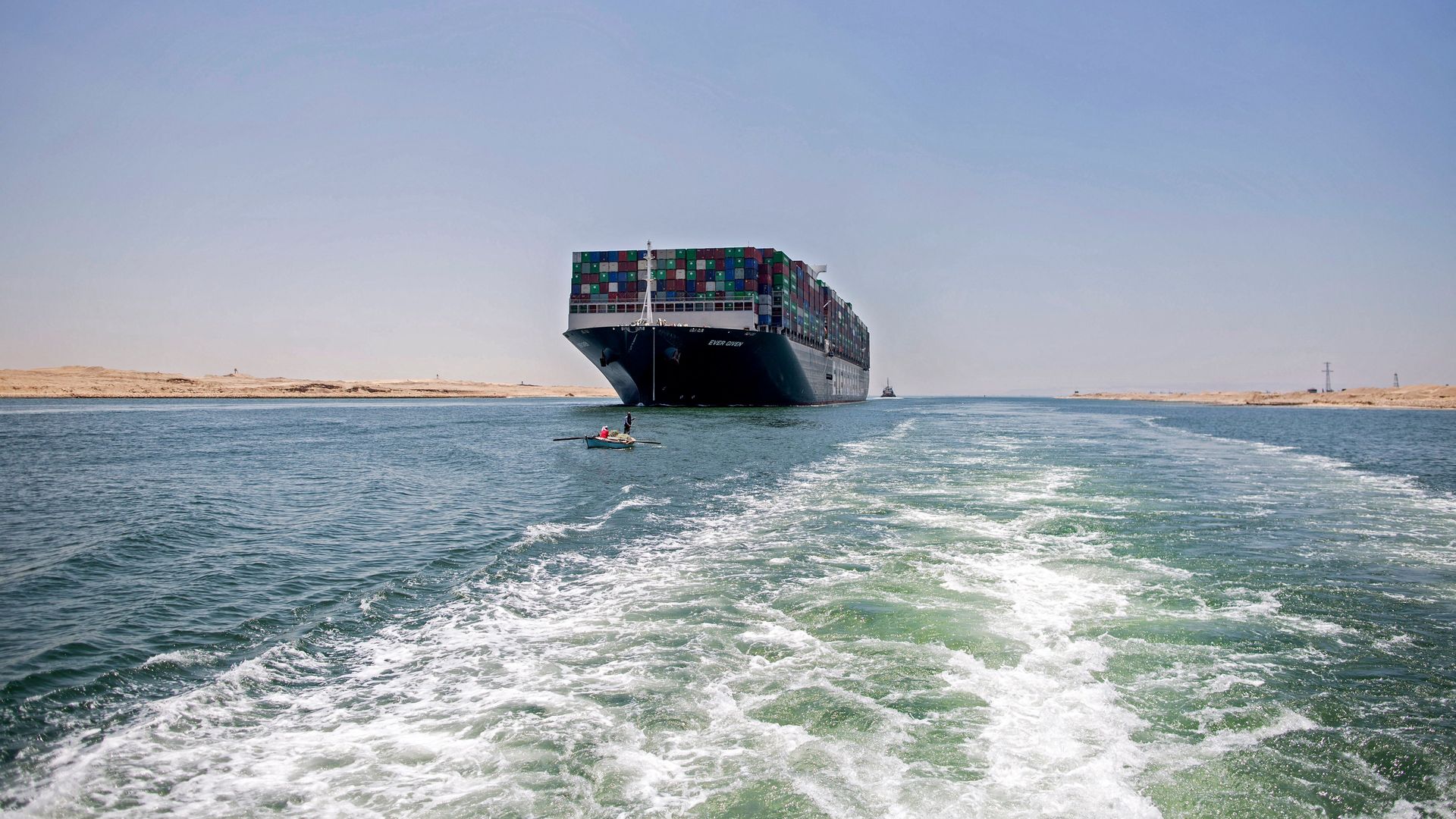 Panama-flagged MV 'Ever Given' container ship sailing along Egypt's Suez Canal near the canal's central city of Ismailia. 