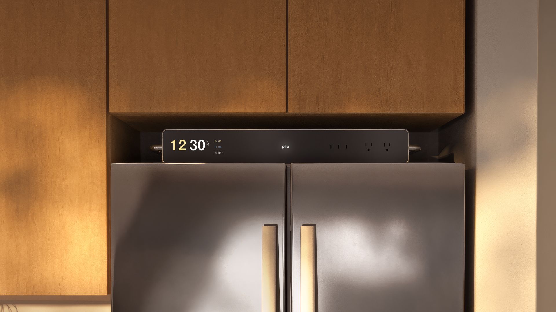 Stainless steel double-door fridge below wooden cabinets with a digital clock and smart power strip reading 12:30 PM on top, lit by warm natural light.