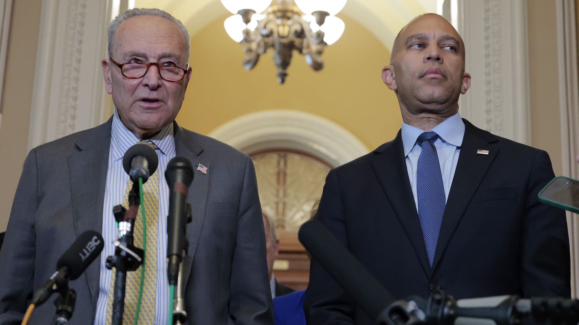 Senate Minority Leader Chuck Schumer (D-NY) and House Minority Leader Hakeem Jeffries (D-NY) at the U.S. Capitol Building on July 22, 2025 in Washington, DC.