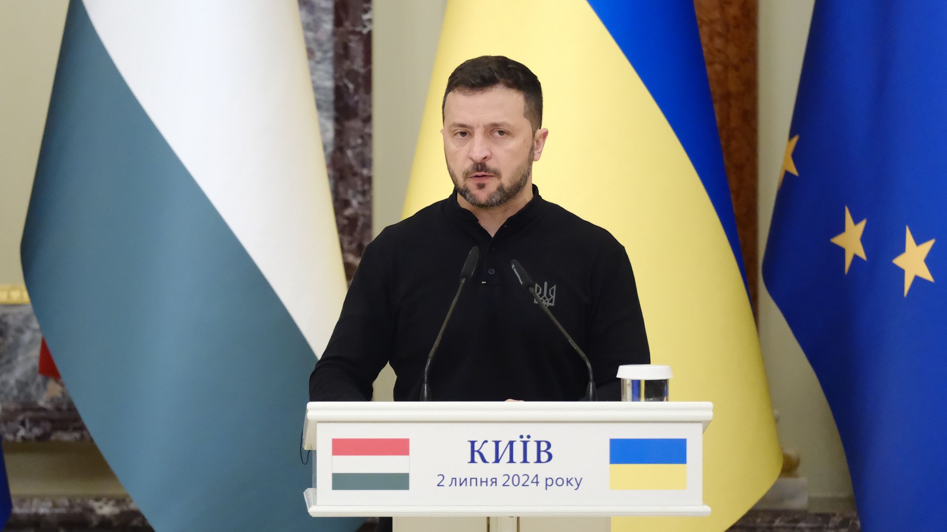 Volodymyr Zelenskyi during press conference with Prime Minister of Hungary Viktor Orban on July 2, 2024 in Kyiv