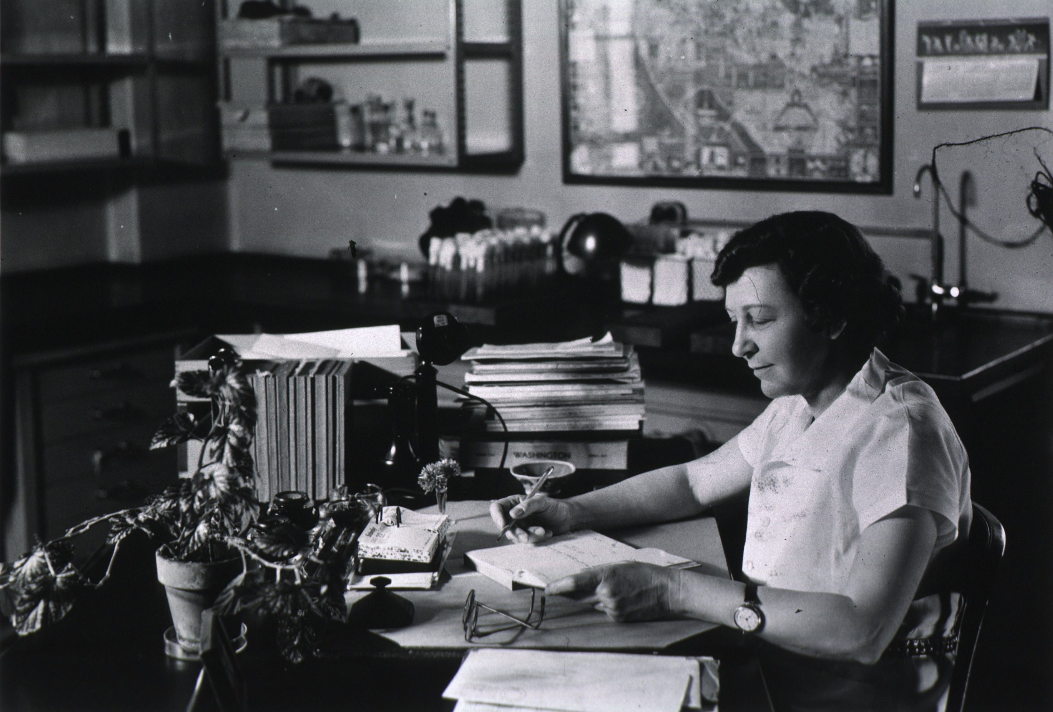 Dr. Sara Branham at her desk, summarizing a report on a "mouse protection test." c. 1938.  Photo: Courtesy of the Office of NIH History and Stetten Museum.