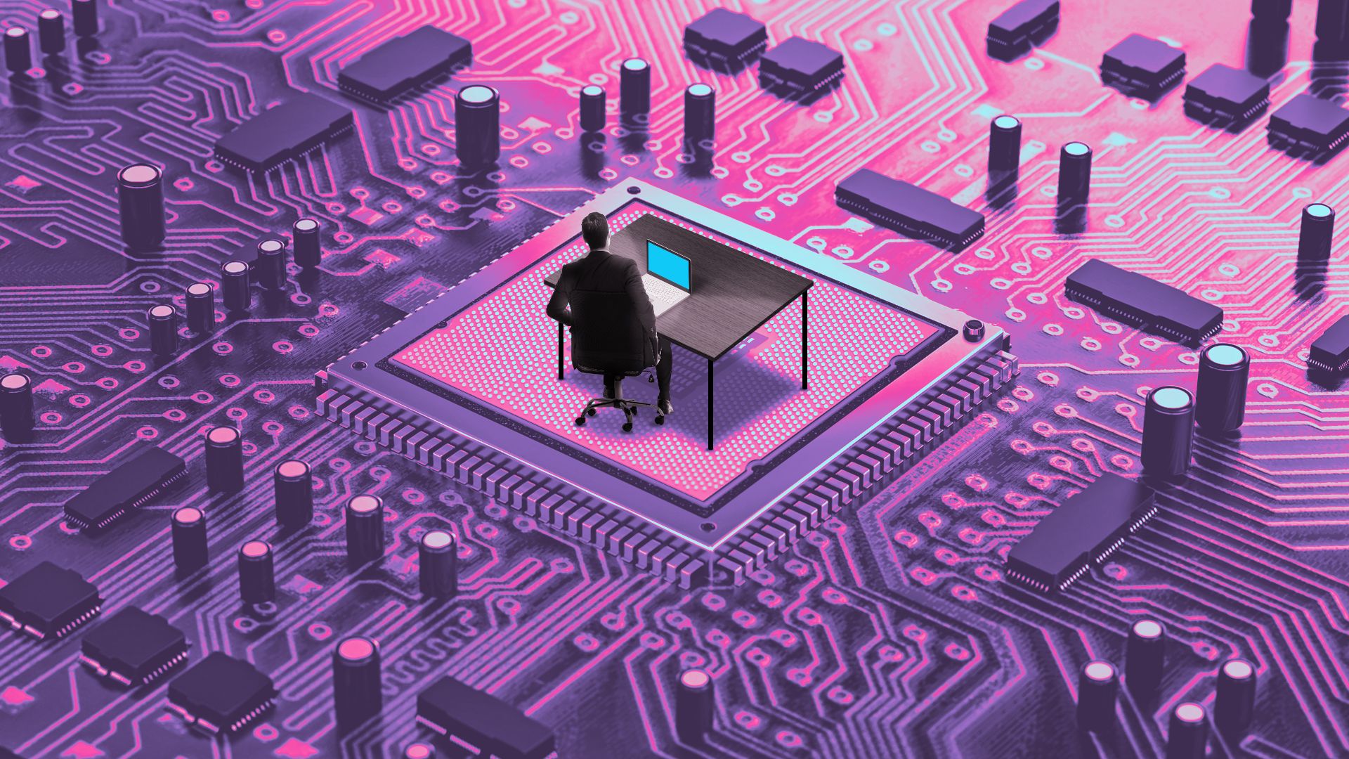 Illustration of a CEO at a desk in the middle of a computer circuit board