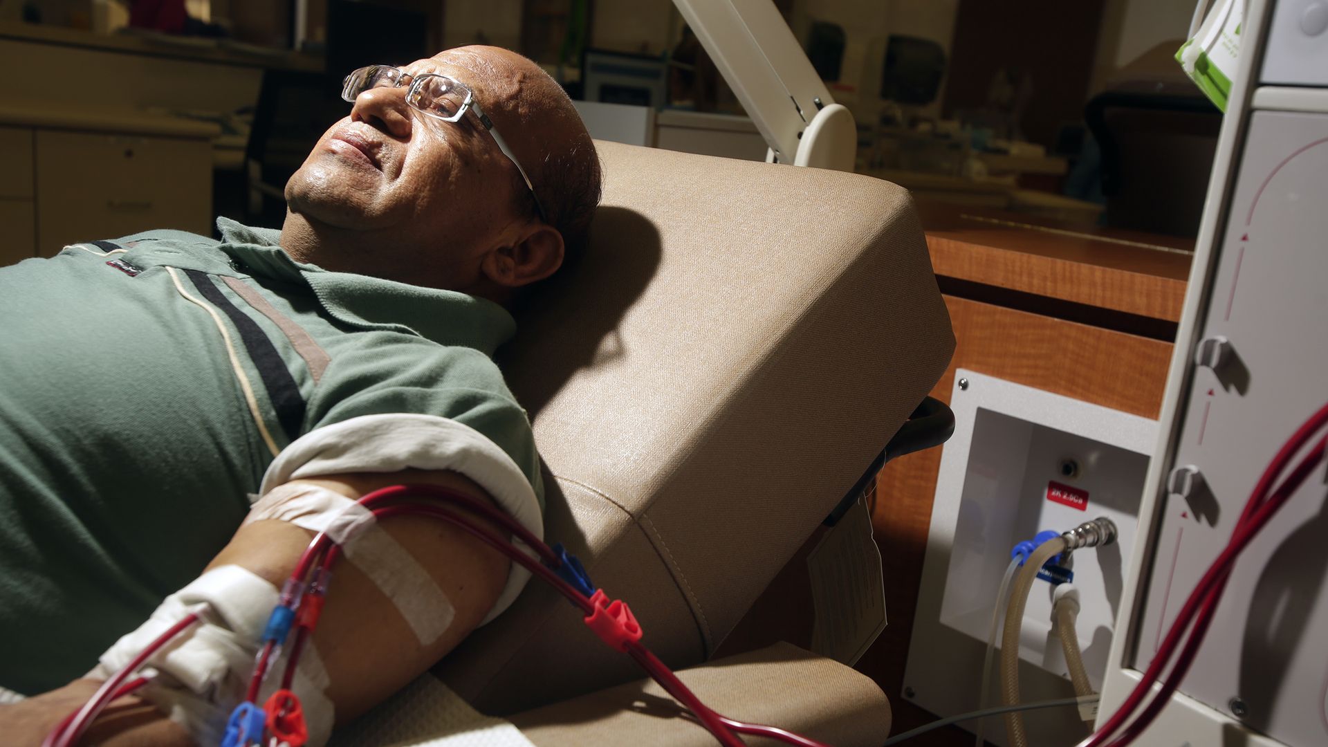A man gets dialysis treatment at a DaVita center in California.