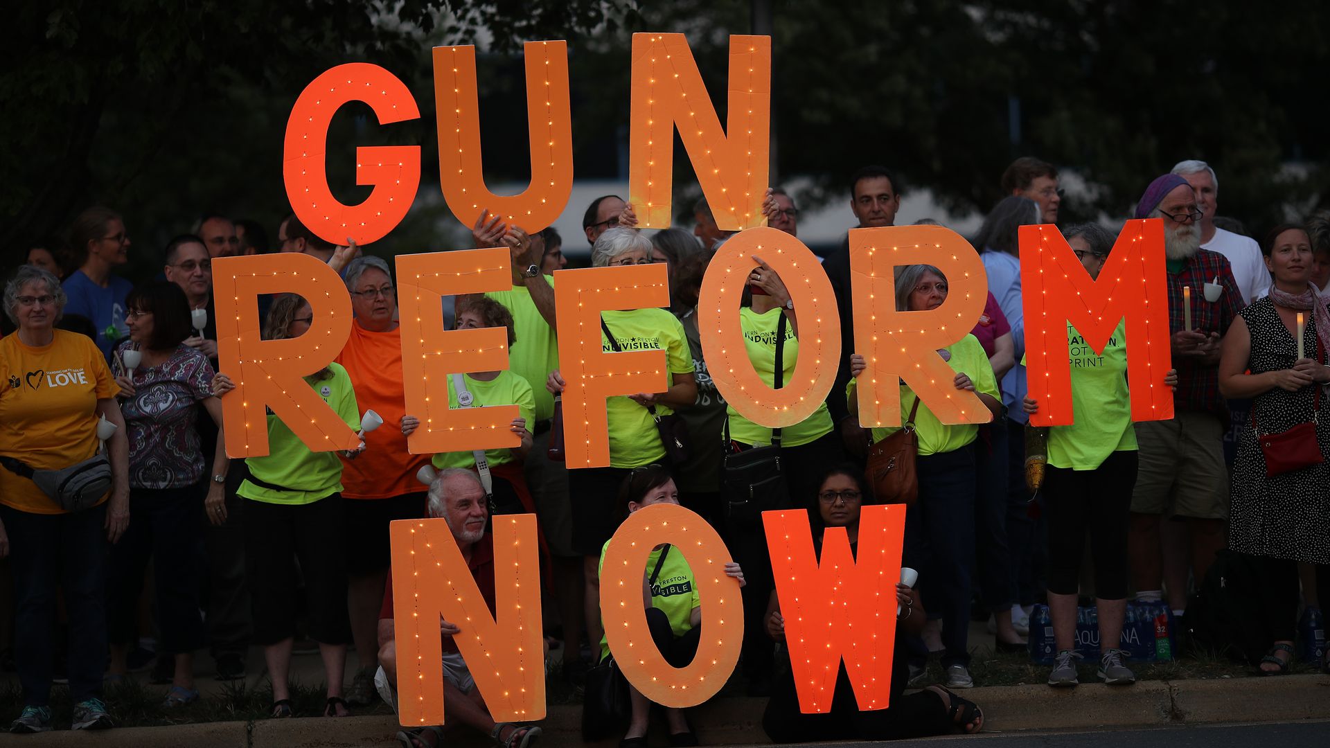 protestors hold a Gun Reform Now sign