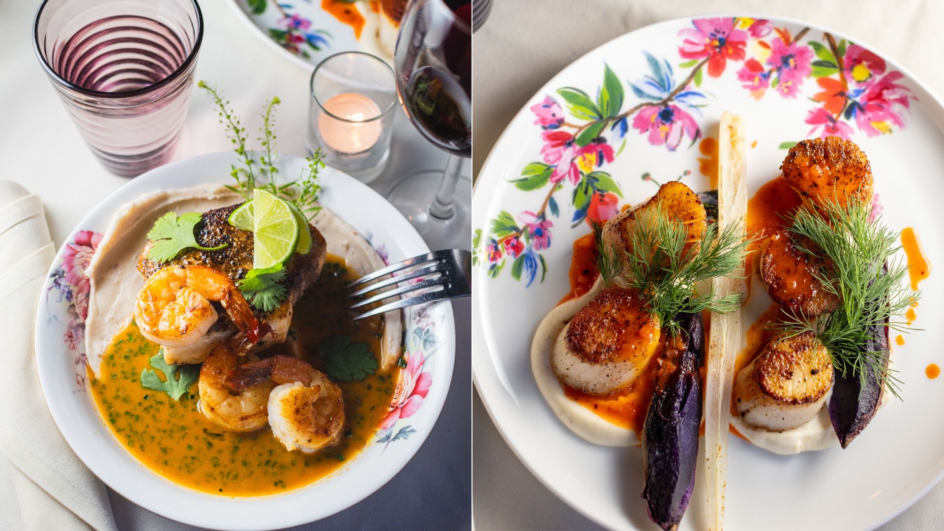 Two plates of seafood dishes: left has shrimp and fish with lime, cream, and orange sauce; right has seared scallops, purple carrots, cream, dill, and orange sauce, on floral plates.